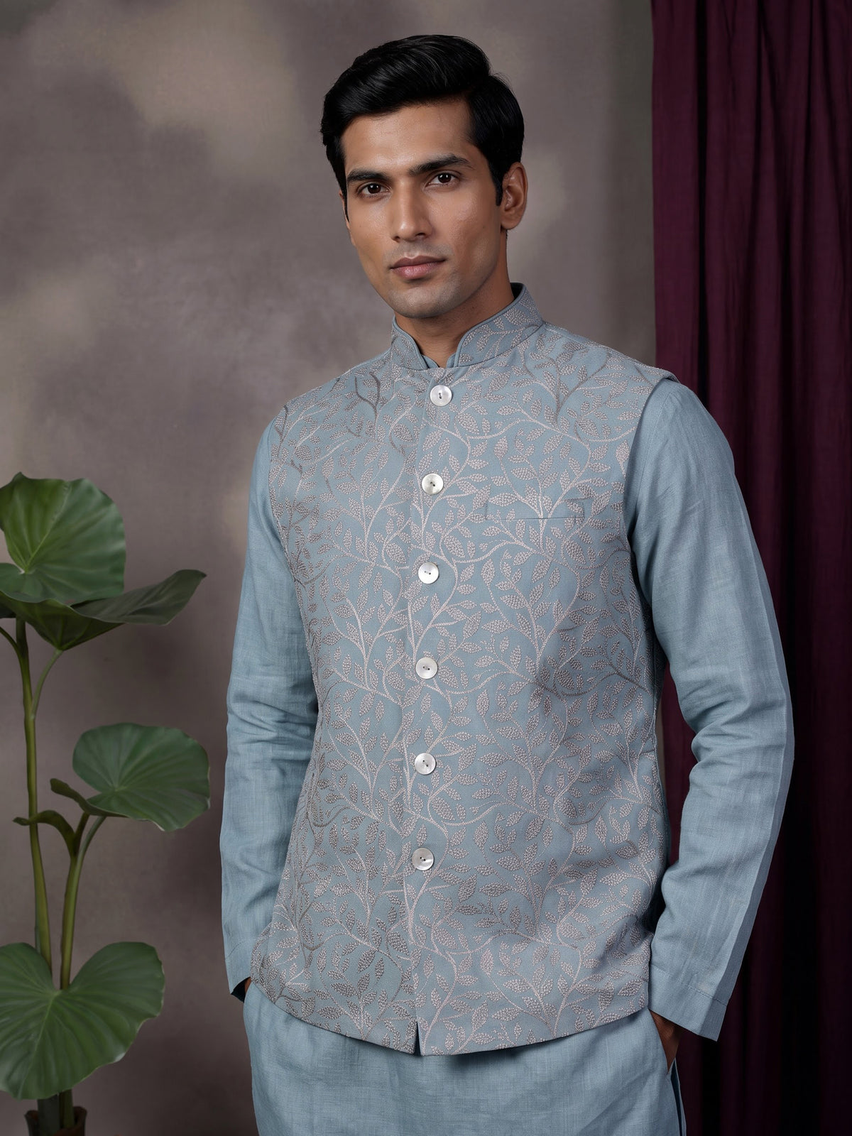 Sky blue floral jaal embroidered waistcoat set for mens