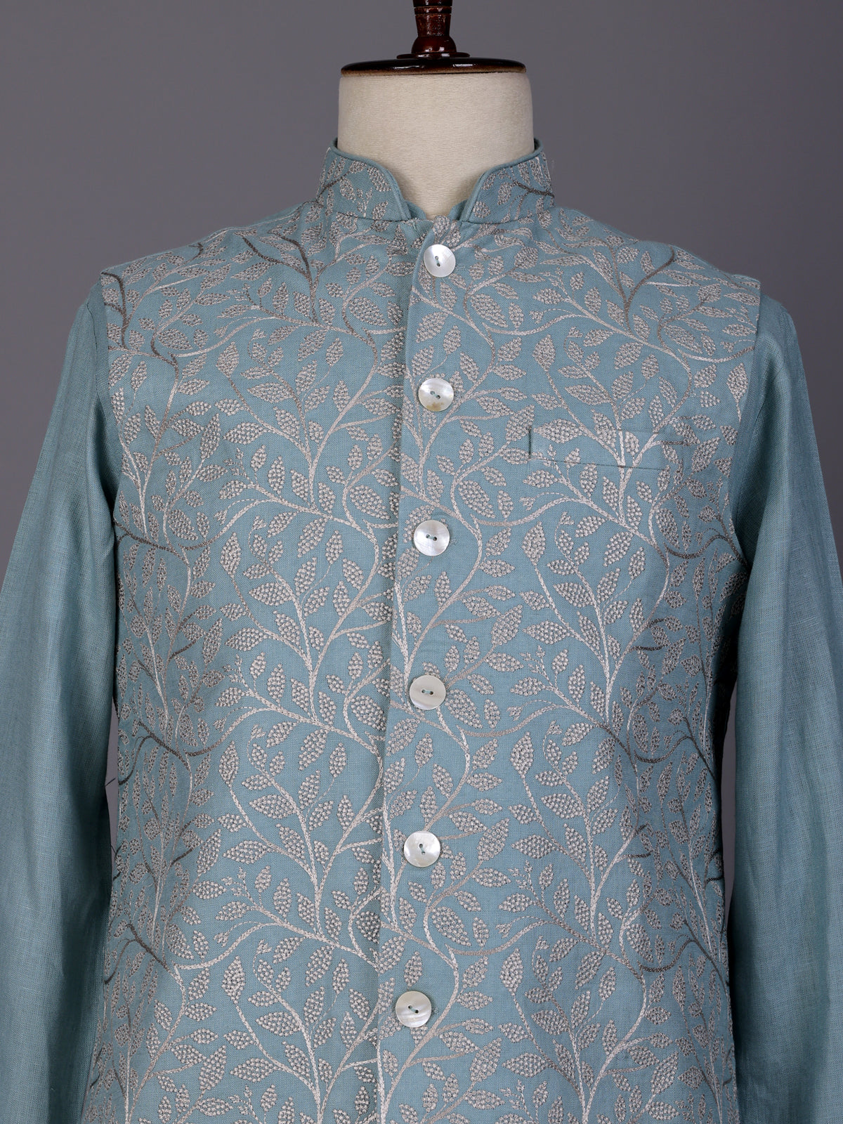 Sky blue floral jaal embroidered waistcoat set for mens