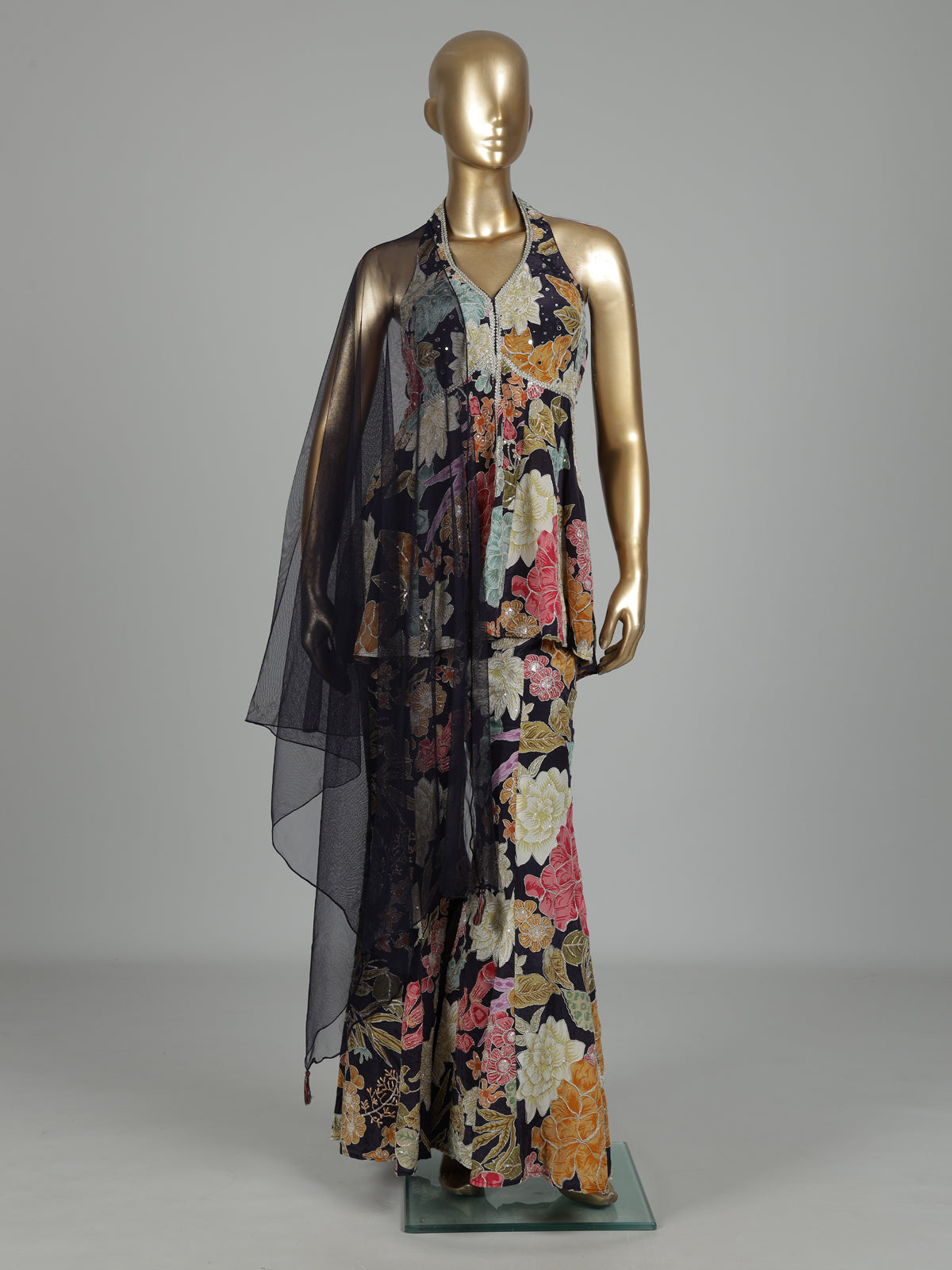 Midnight black floral palazzo suit