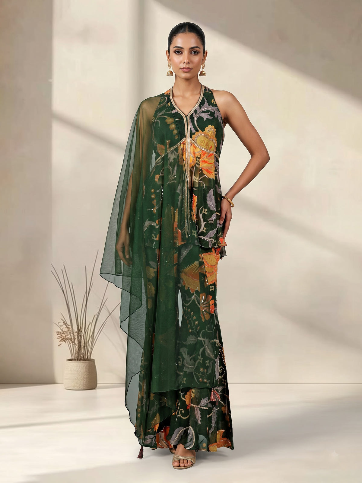 Bottle green floral palazzo suit