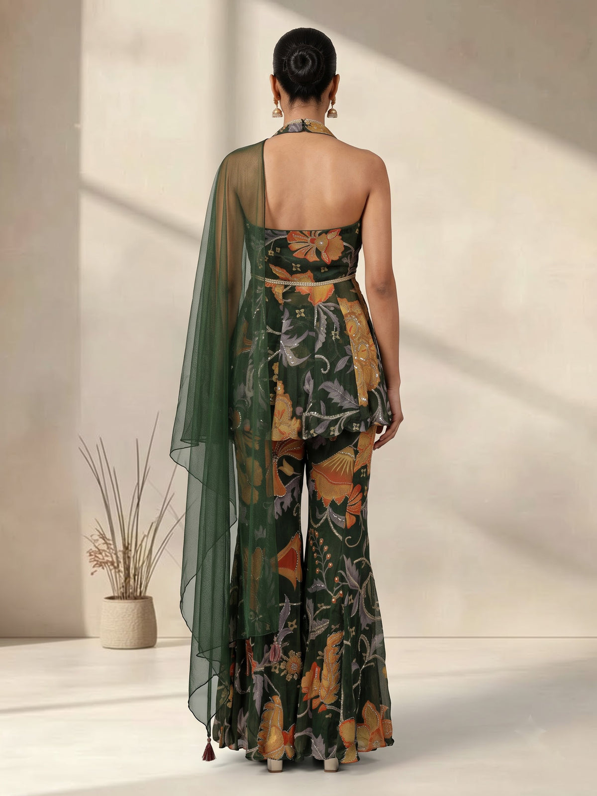 Bottle green floral palazzo suit