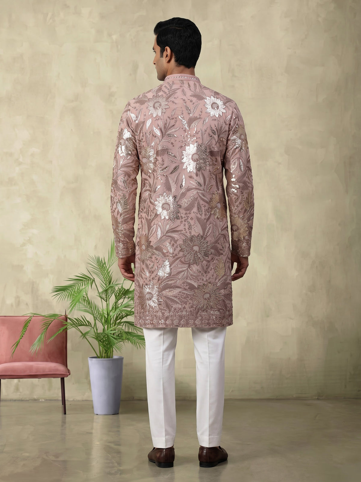 Onion pink embroidered kurta suit for mens receptions