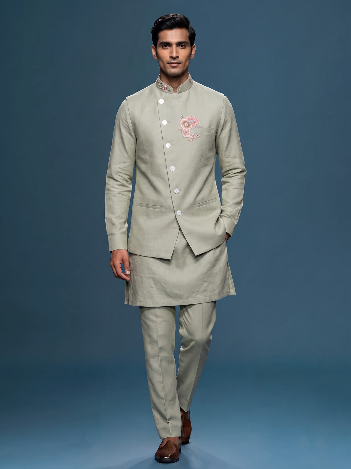 Pista green designer waistcoat set with floral pocket detailing