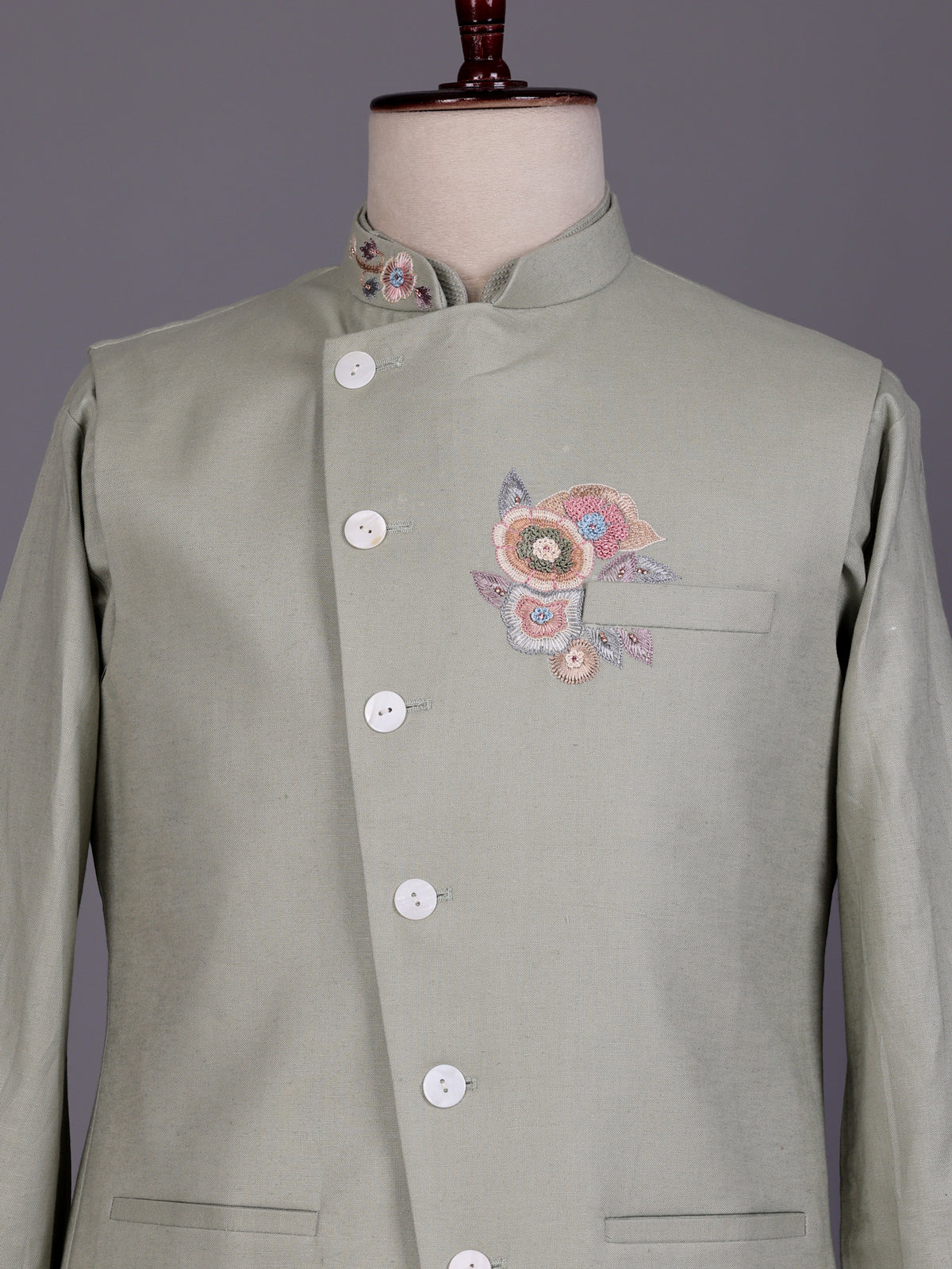 Pista green designer waistcoat set with floral pocket detailing