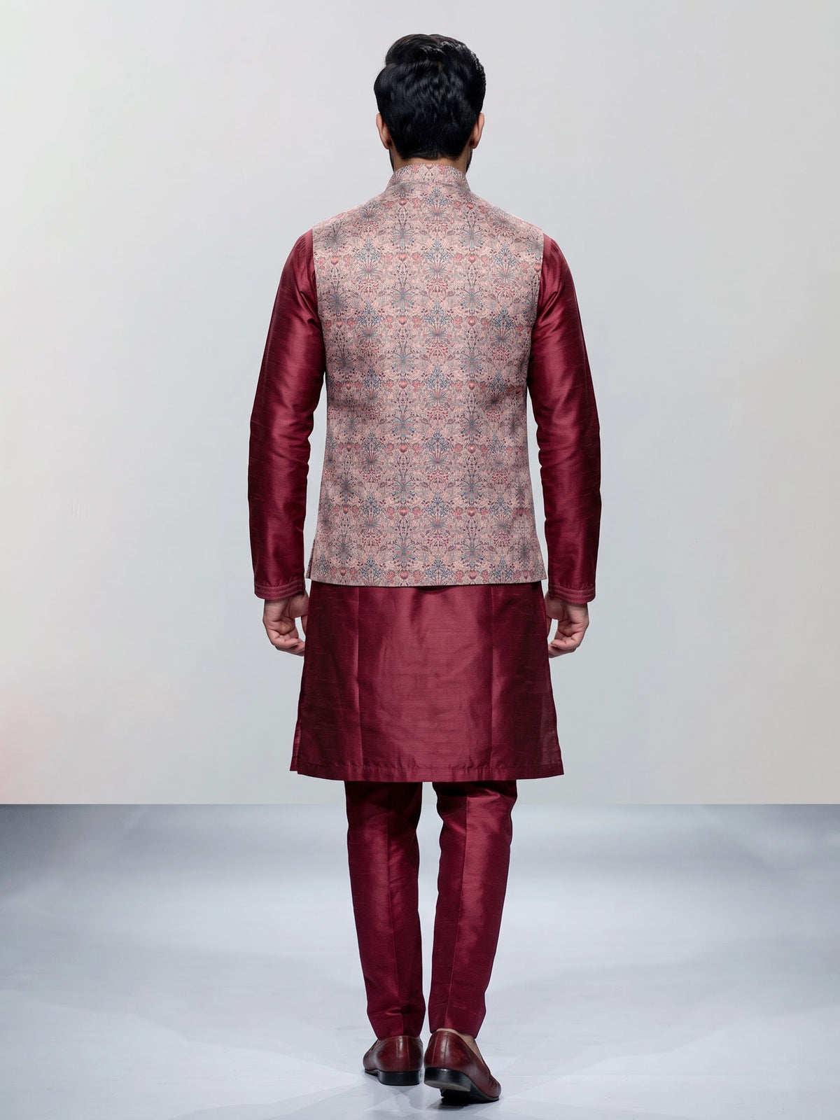 Wine floral printed silk waistcoat set with pants for mens