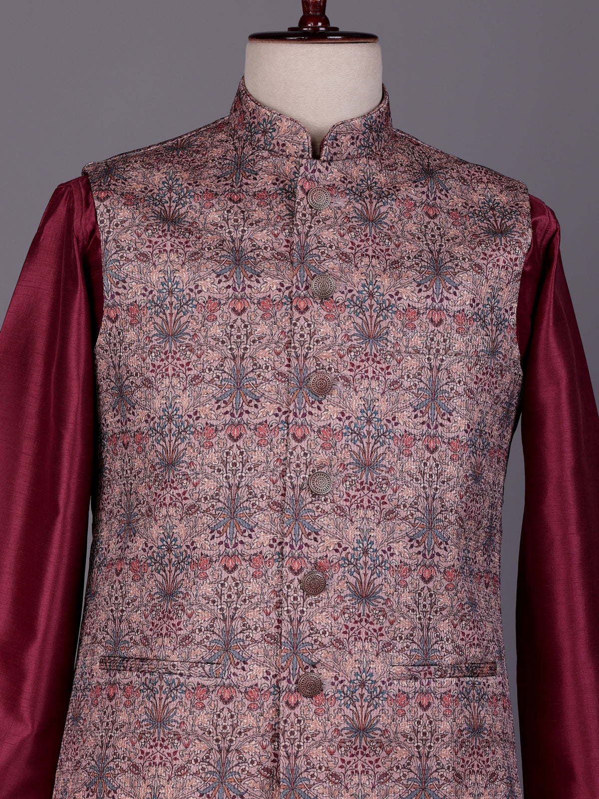 Wine floral printed silk waistcoat set with pants for mens