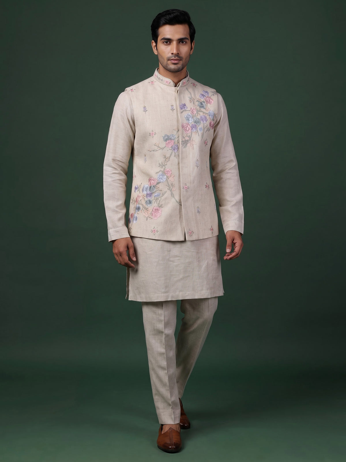 Off white floral thread waistcoat set with pants for mens