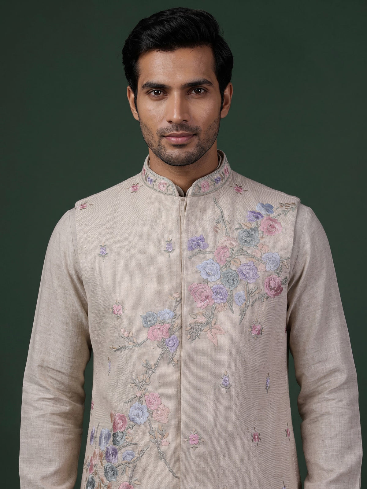 Off white floral thread waistcoat set with pants for mens