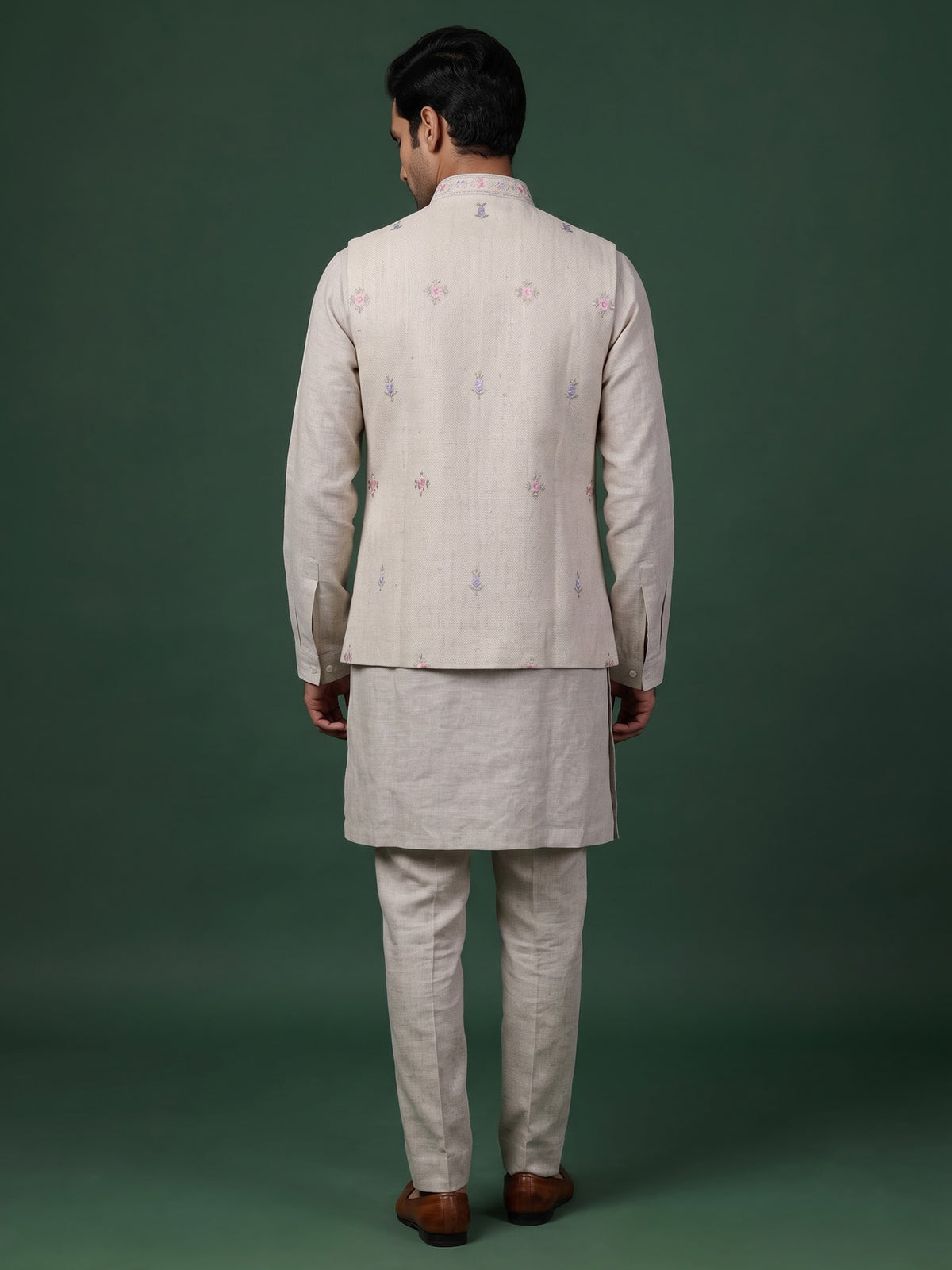 Off white floral thread waistcoat set with pants for mens