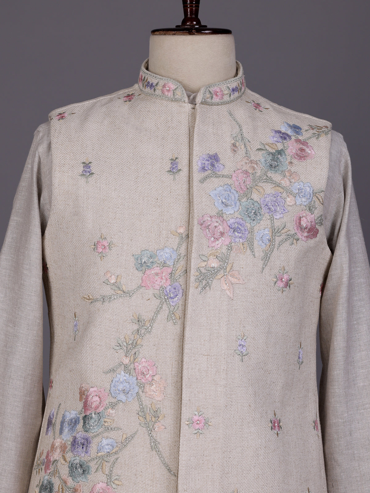 Off white floral thread waistcoat set with pants for mens
