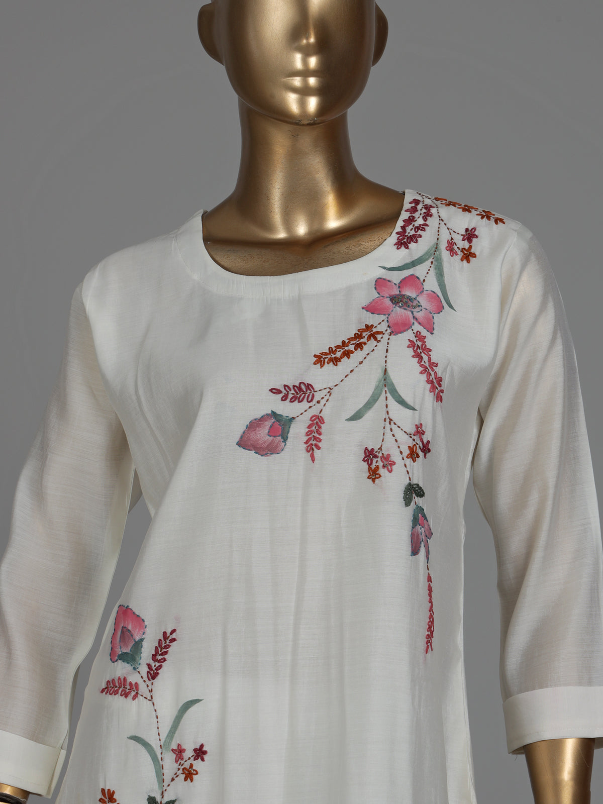 White silk floral kurti set with sequin thread detailing