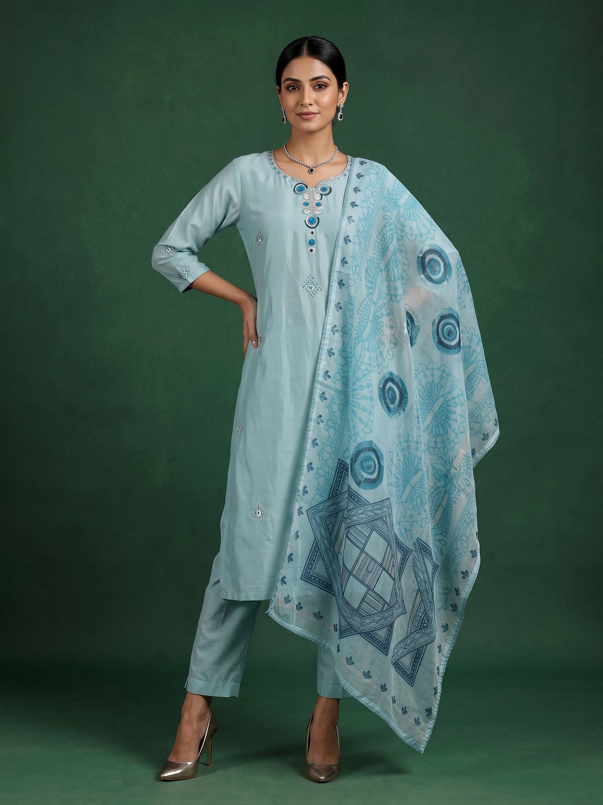 Sky blue silk straight cut kurti set with aabla detailing