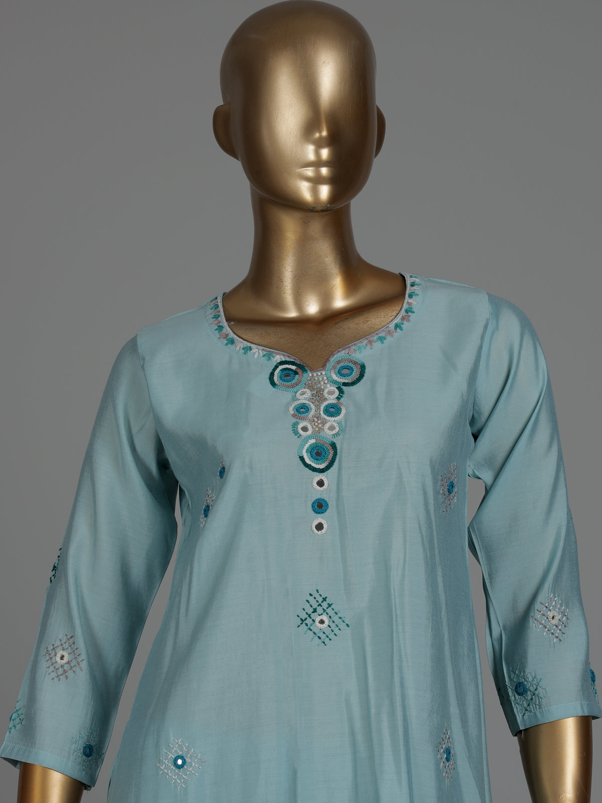 Sky blue silk straight cut kurti set with aabla detailing