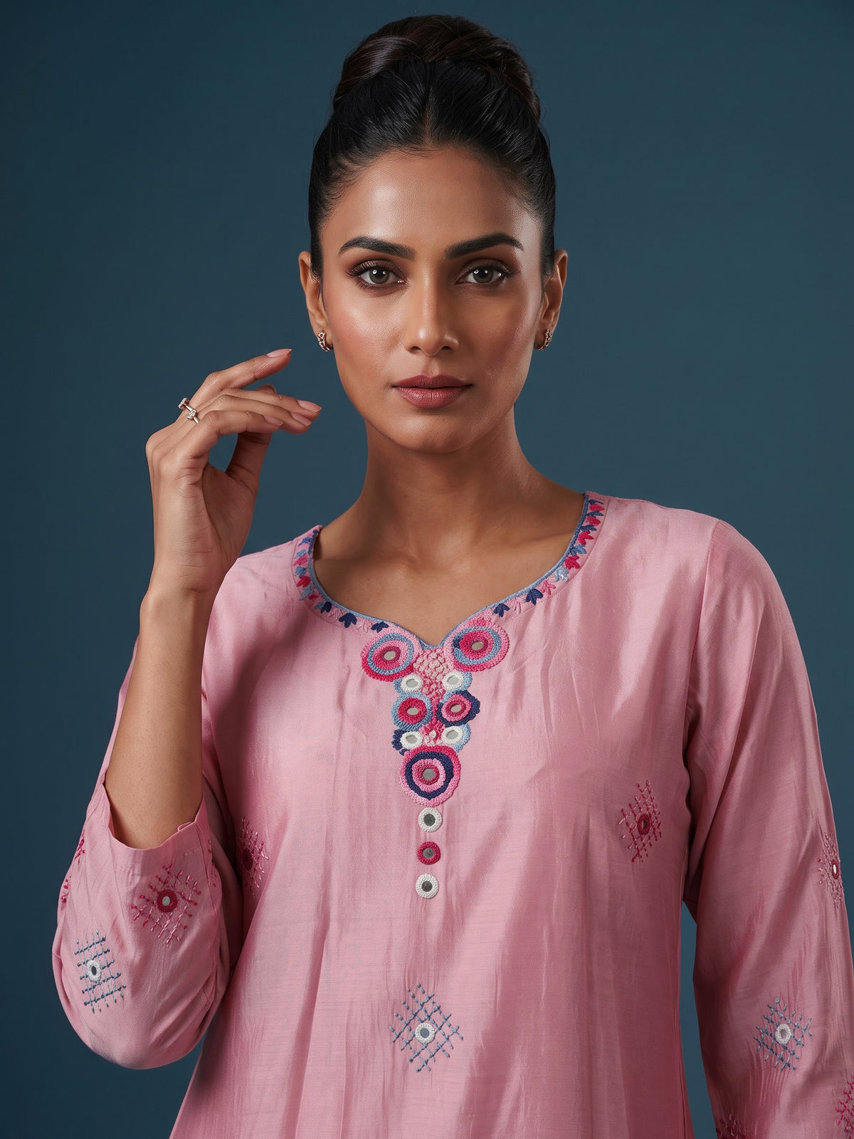 Pink silk straight cut kurti set with aabla sequin work