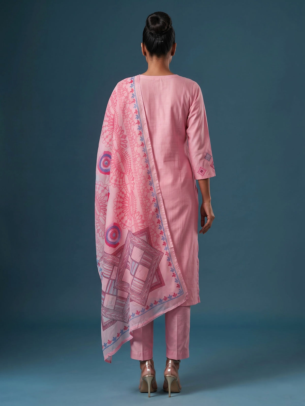 Pink silk straight cut kurti set with aabla sequin work