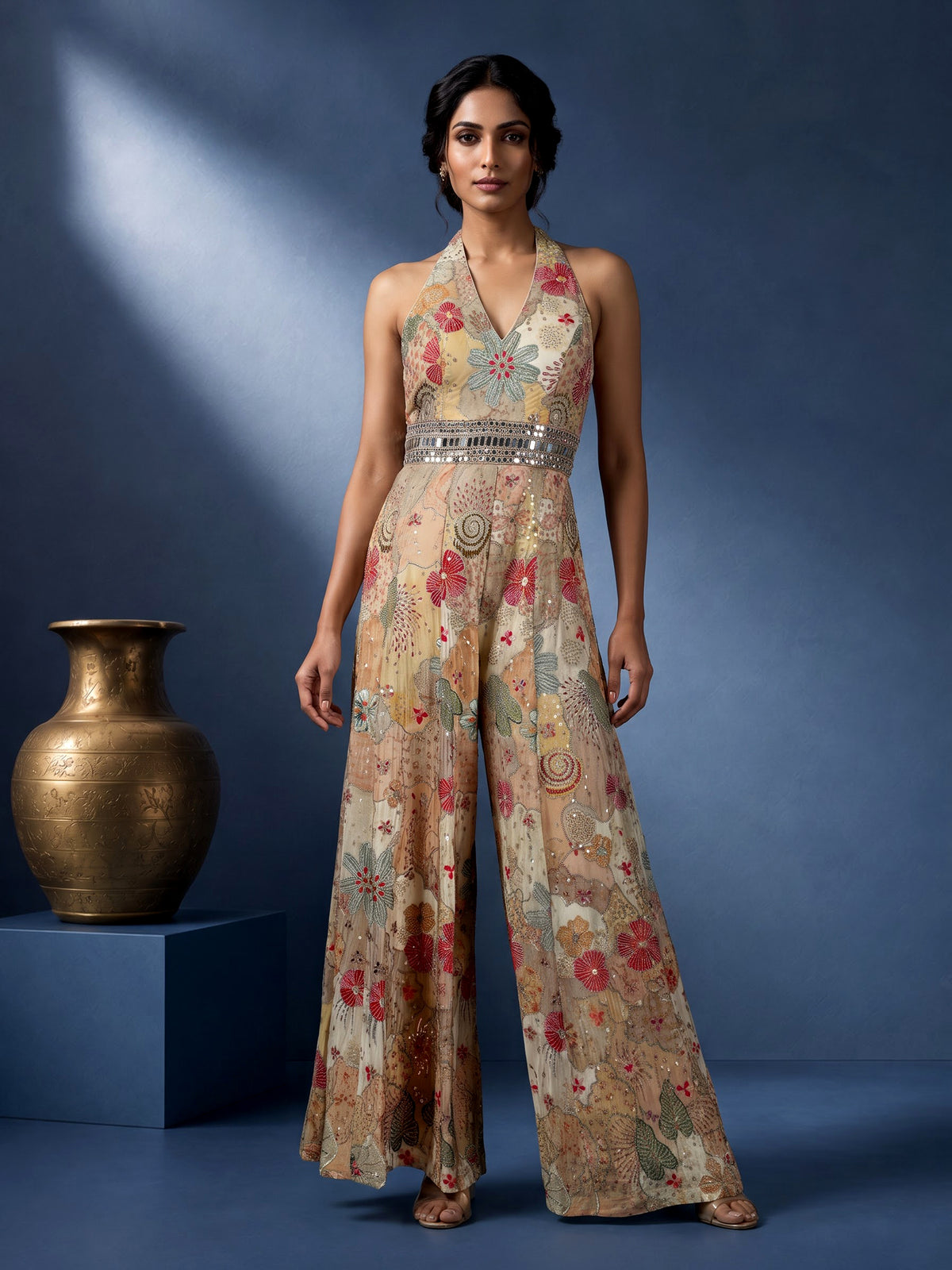 Beige floral printed silk jumpsuit with resham and aabla embellishments