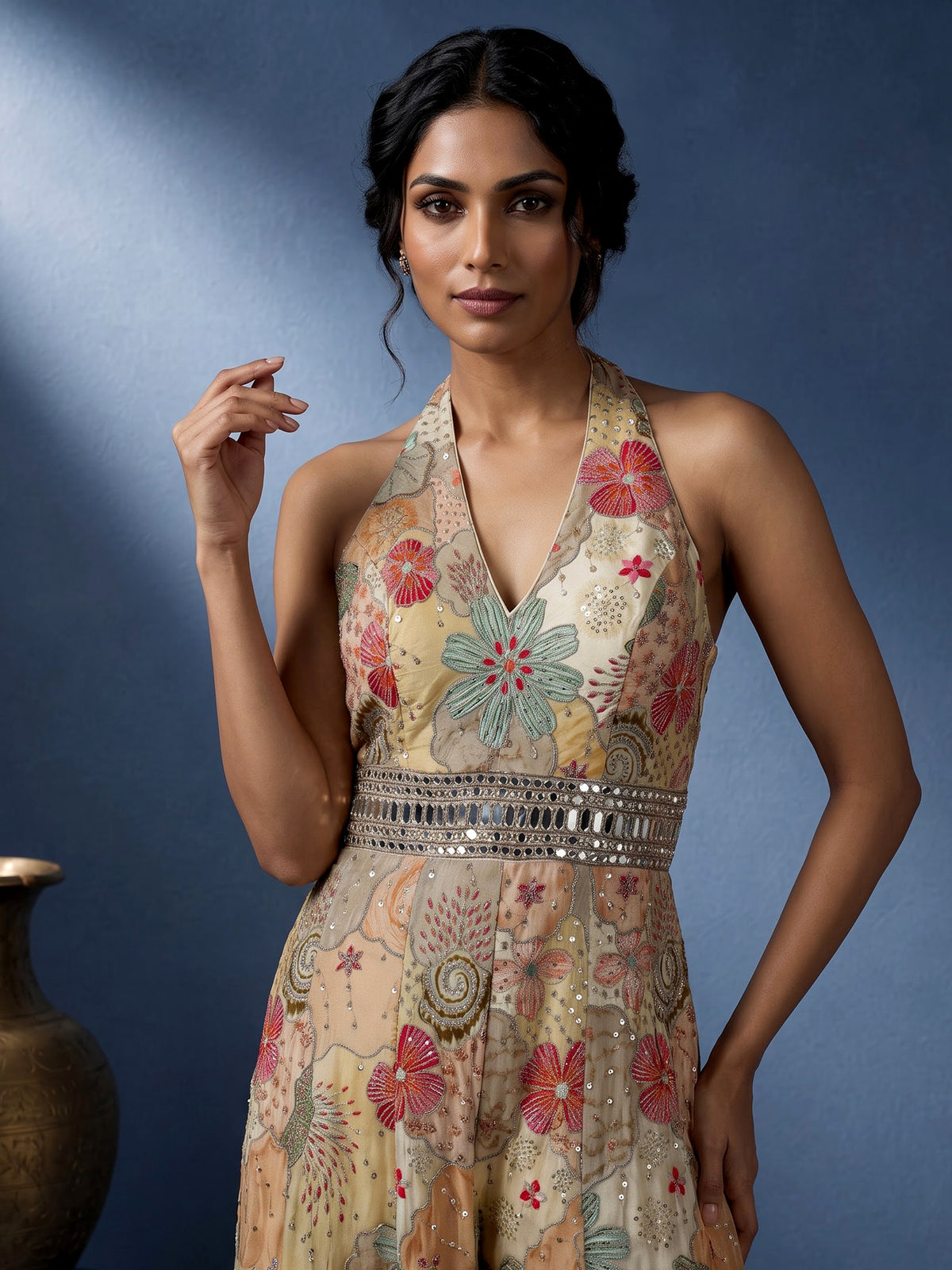 Beige floral printed silk jumpsuit with resham and aabla embellishments