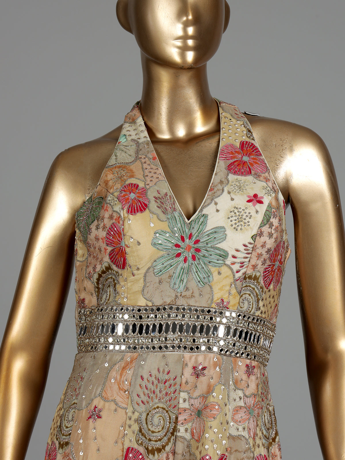Beige floral printed silk jumpsuit with resham and aabla embellishments