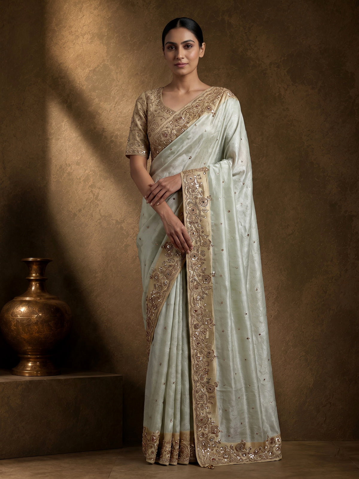 Pastel pista green women saree
