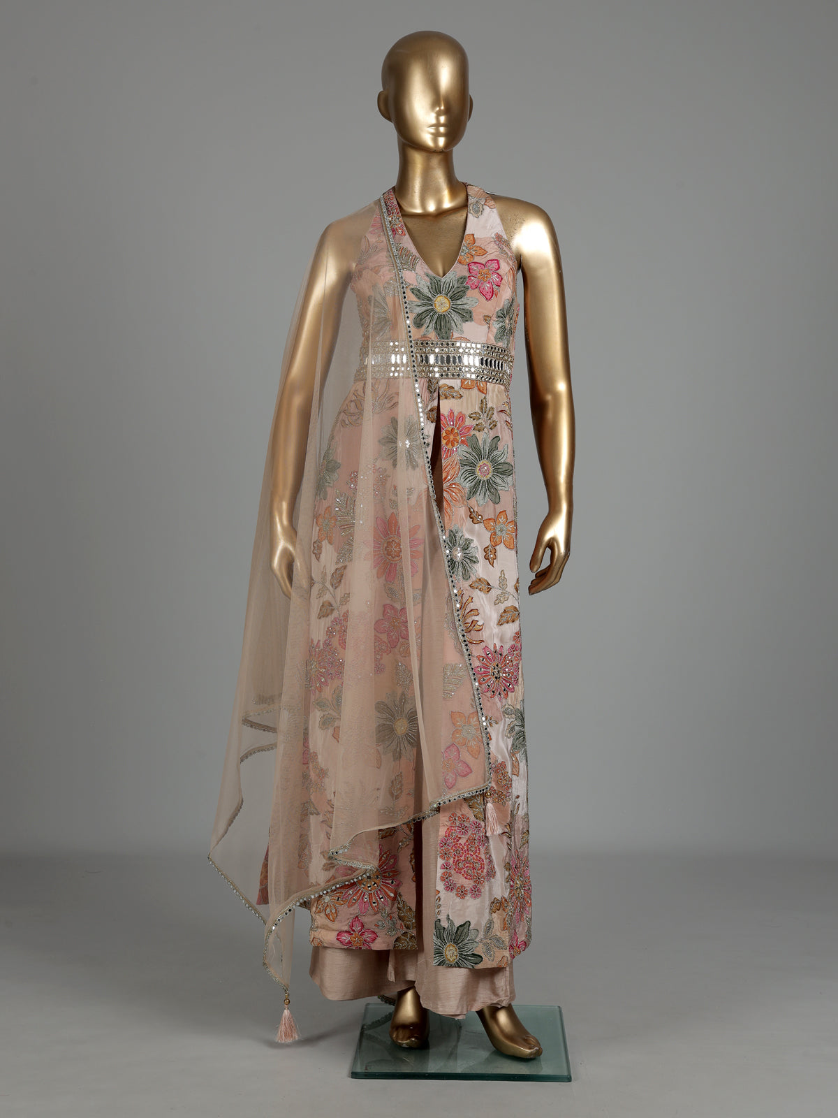 Dusty onion pink floral silk jumpsuit with resham and sequin work