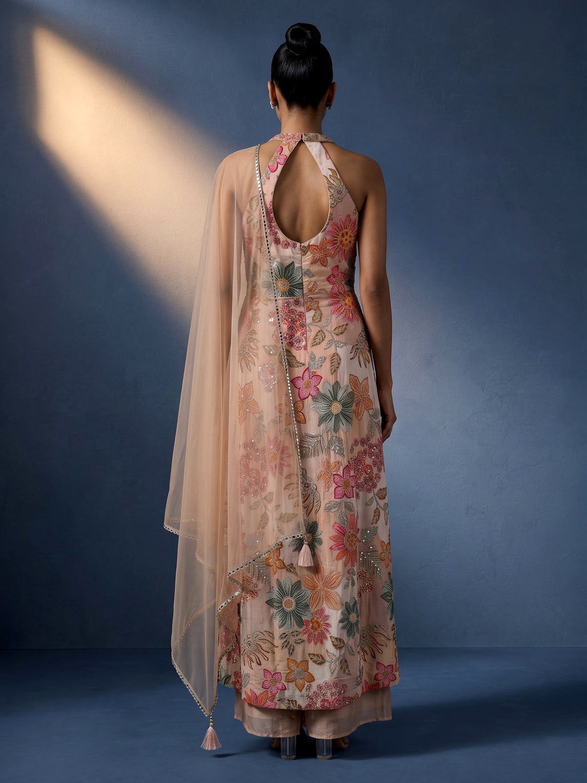Dusty onion pink floral silk jumpsuit with resham and sequin work