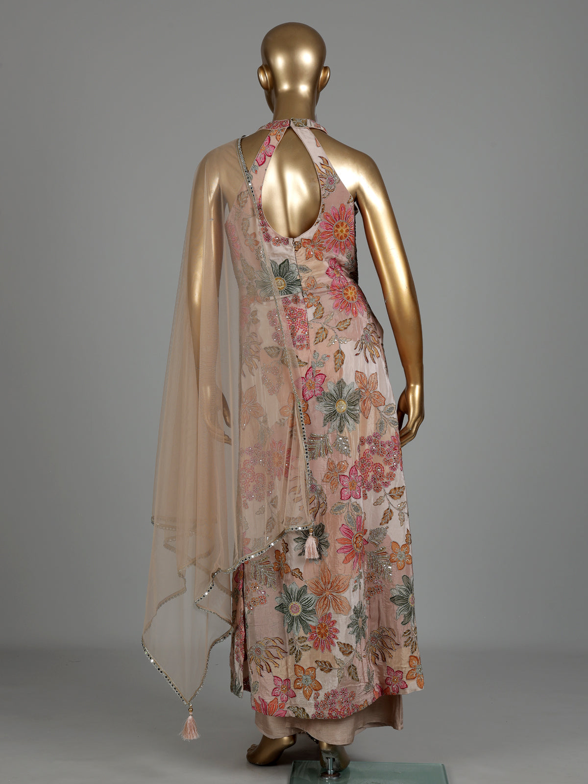 Dusty onion pink floral silk jumpsuit with resham and sequin work