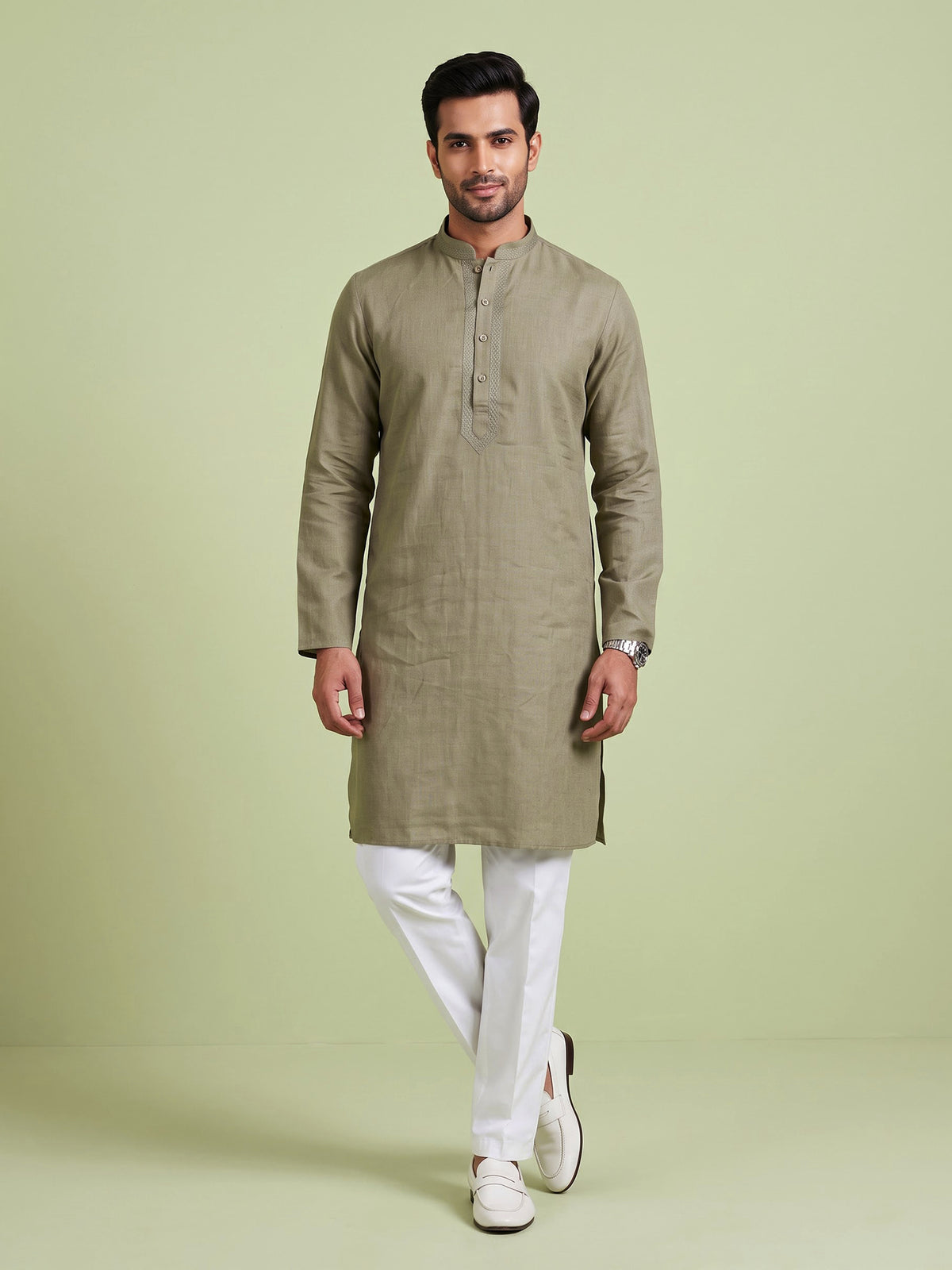 Mehendi green tone-on-tone thread kurta suit for mens