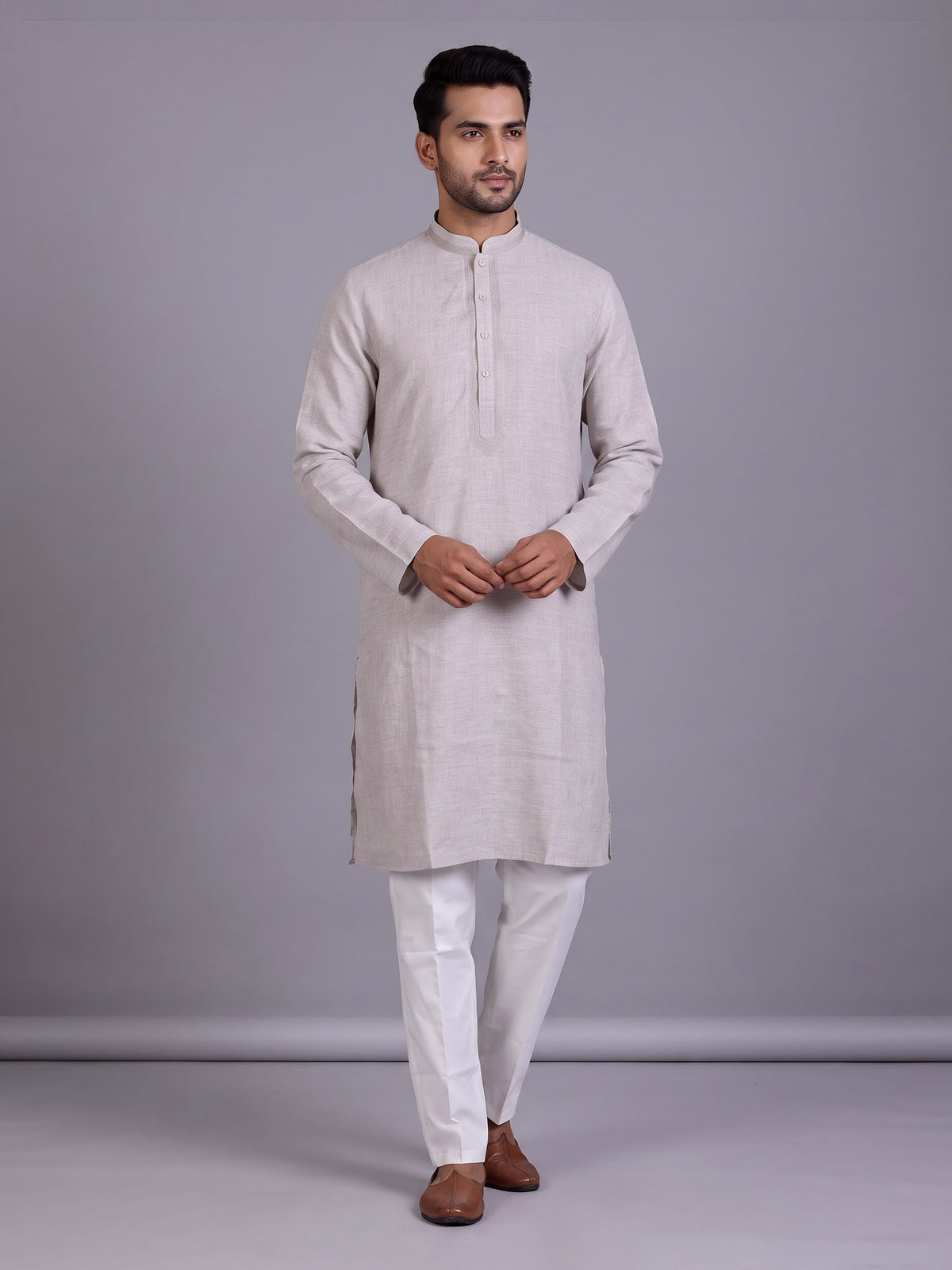 Beige tone-on-tone thread kurta suit with pants for mens