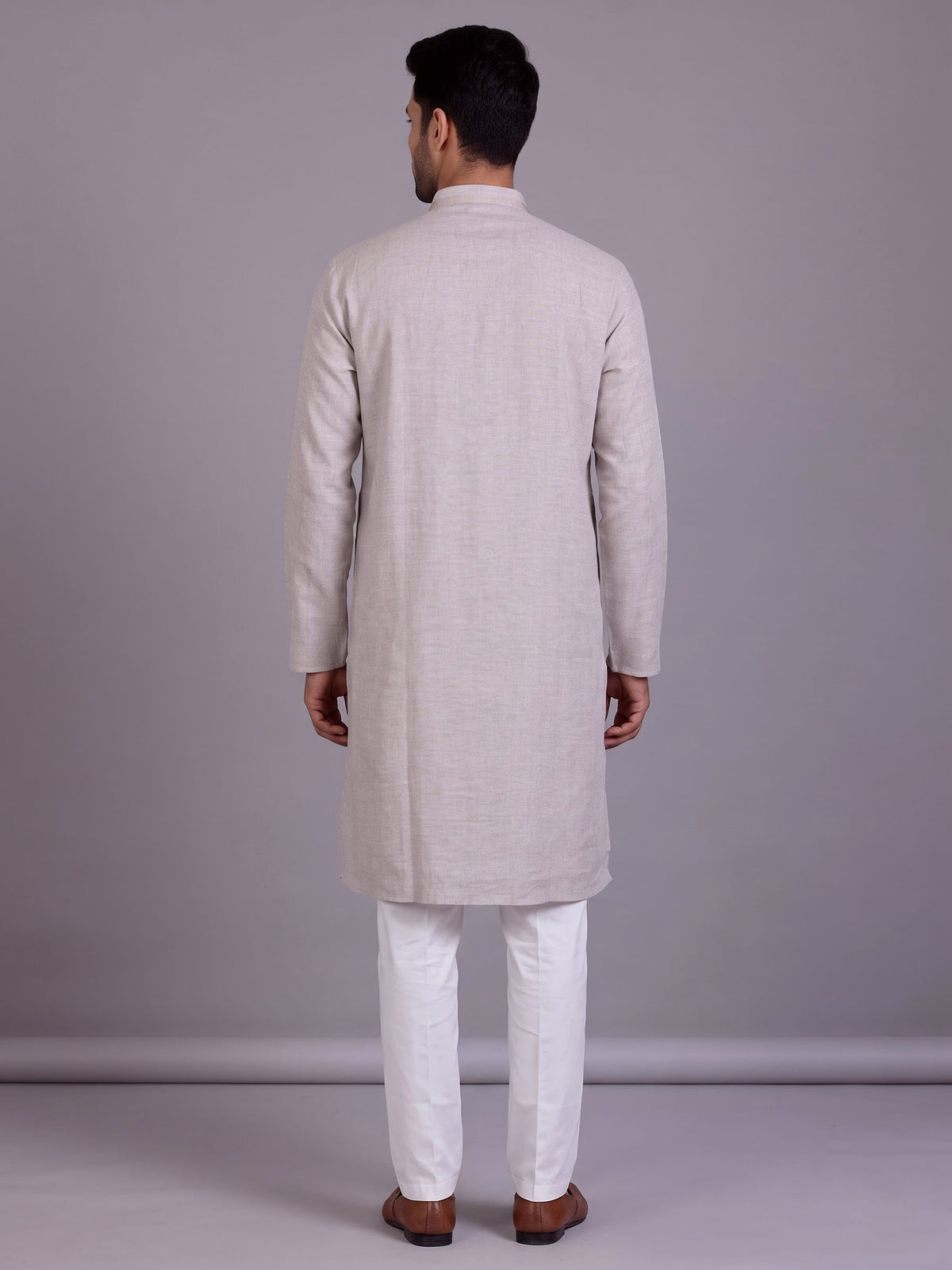Beige tone-on-tone thread kurta suit with pants for mens