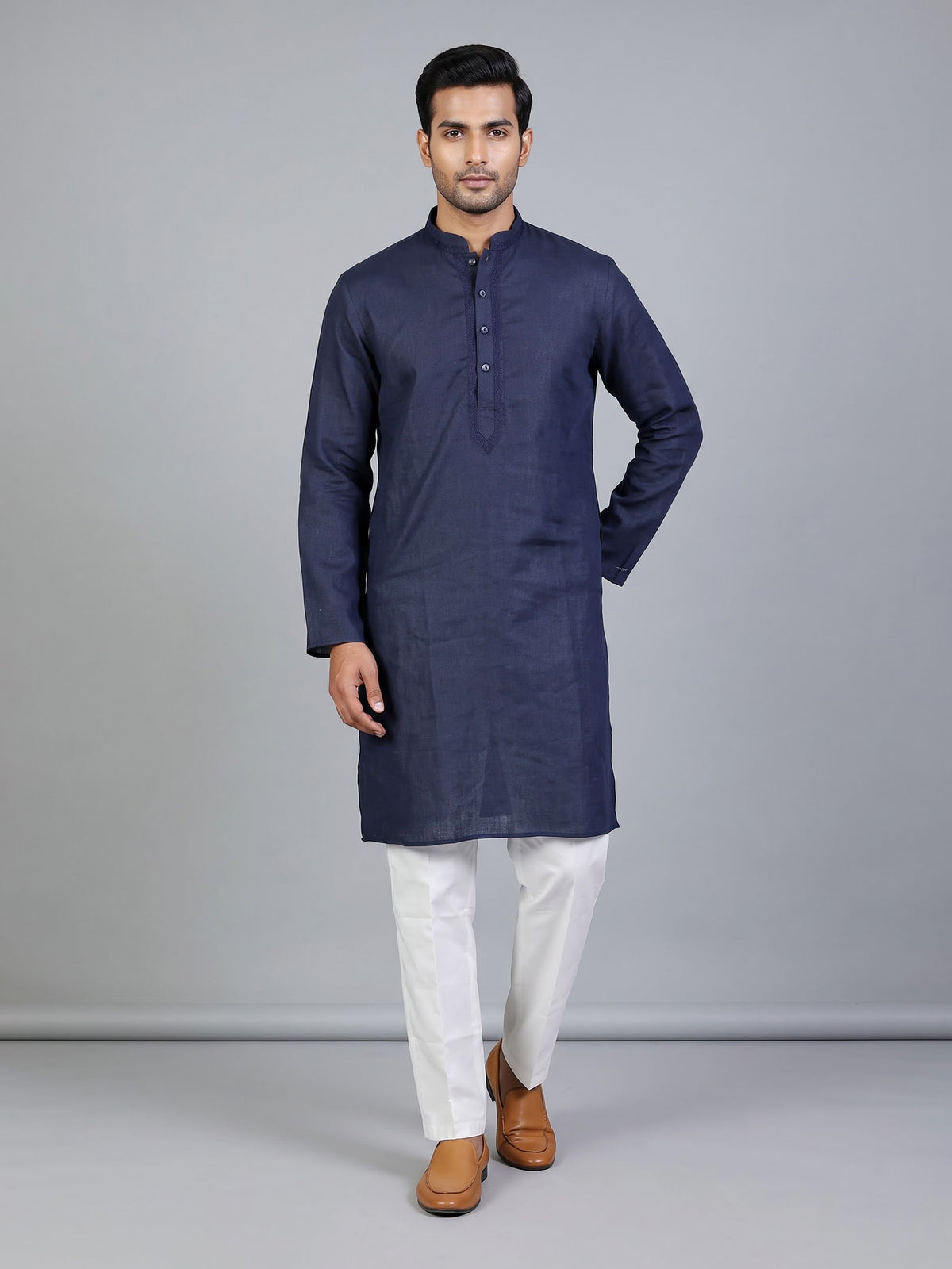 Blue tone-on-tone thread kurta suit with pants for mens