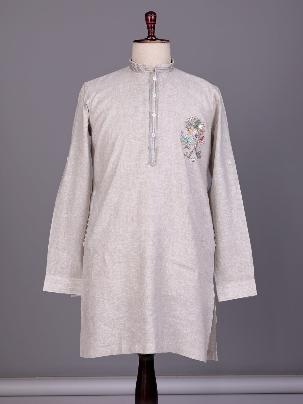 Grey multicolor floral zardosi kurta suit with pants for mens