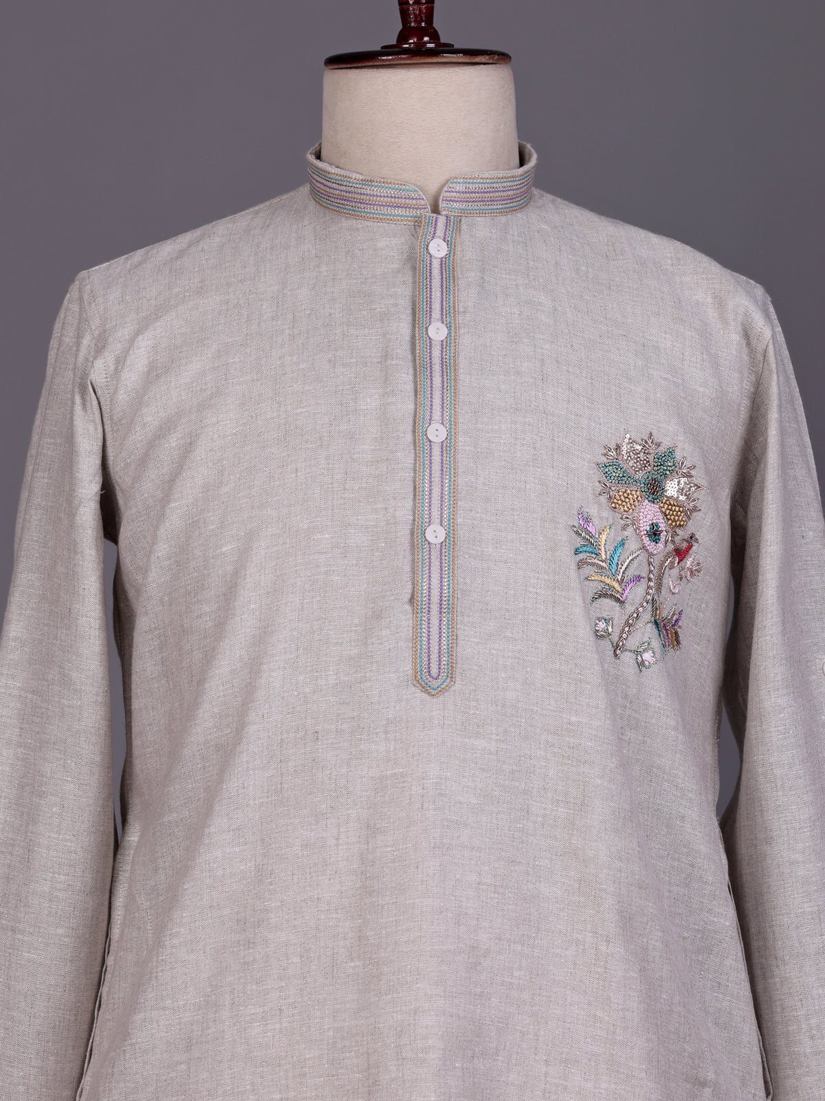 Grey multicolor floral zardosi kurta suit with pants for mens