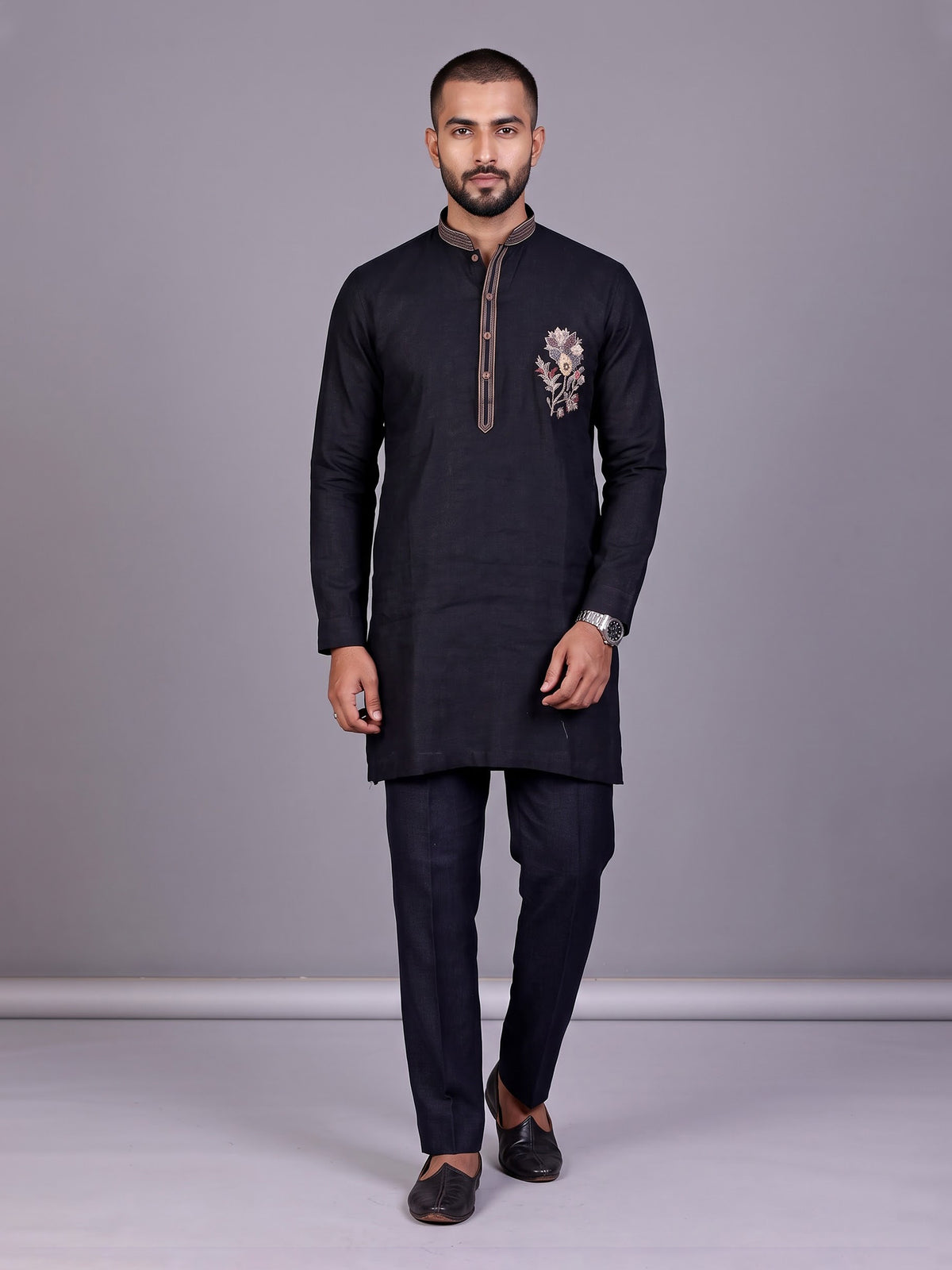 Dark navy floral zardosi kurta suit with pants for mens