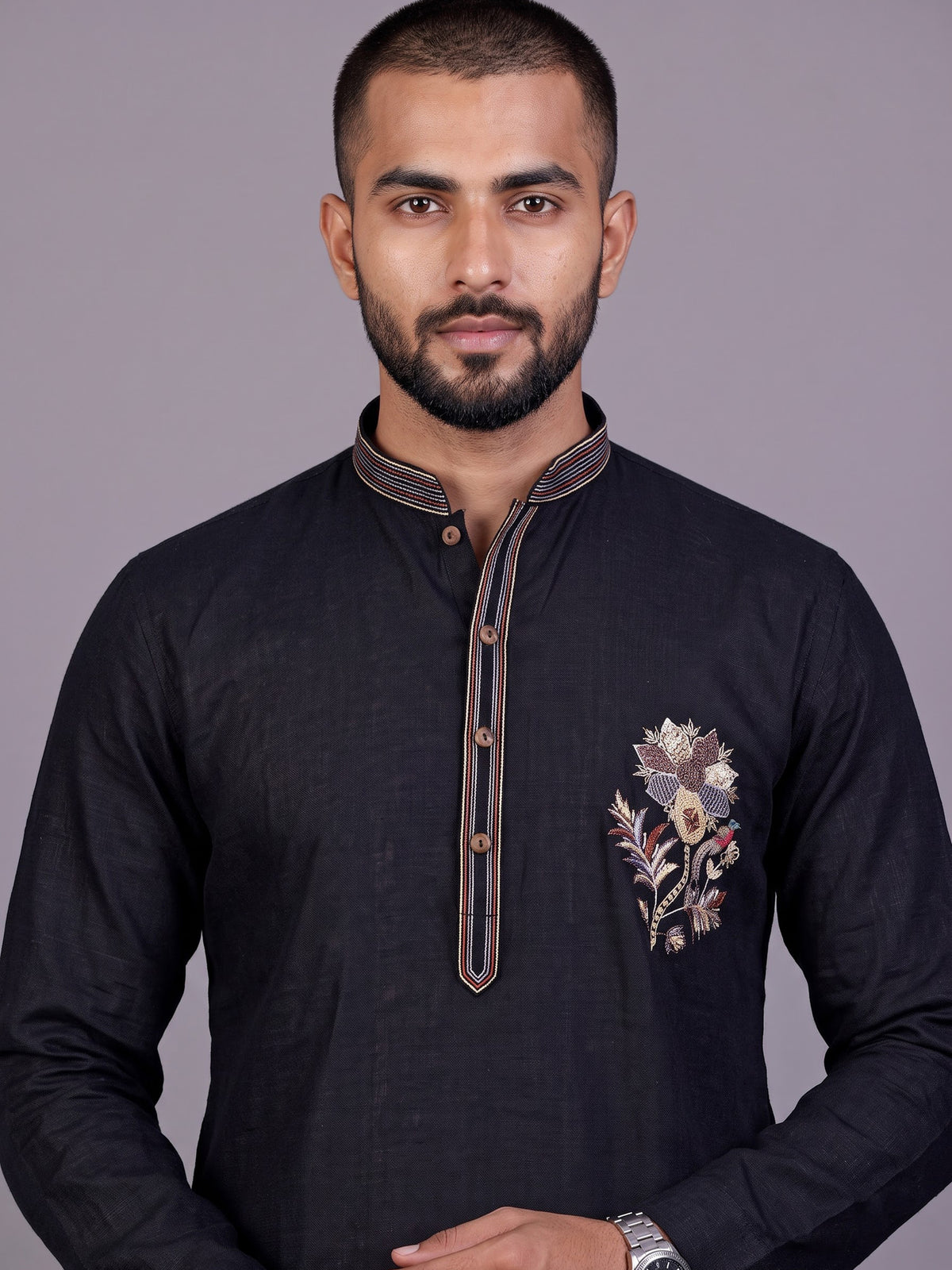 Dark navy floral zardosi kurta suit with pants for mens