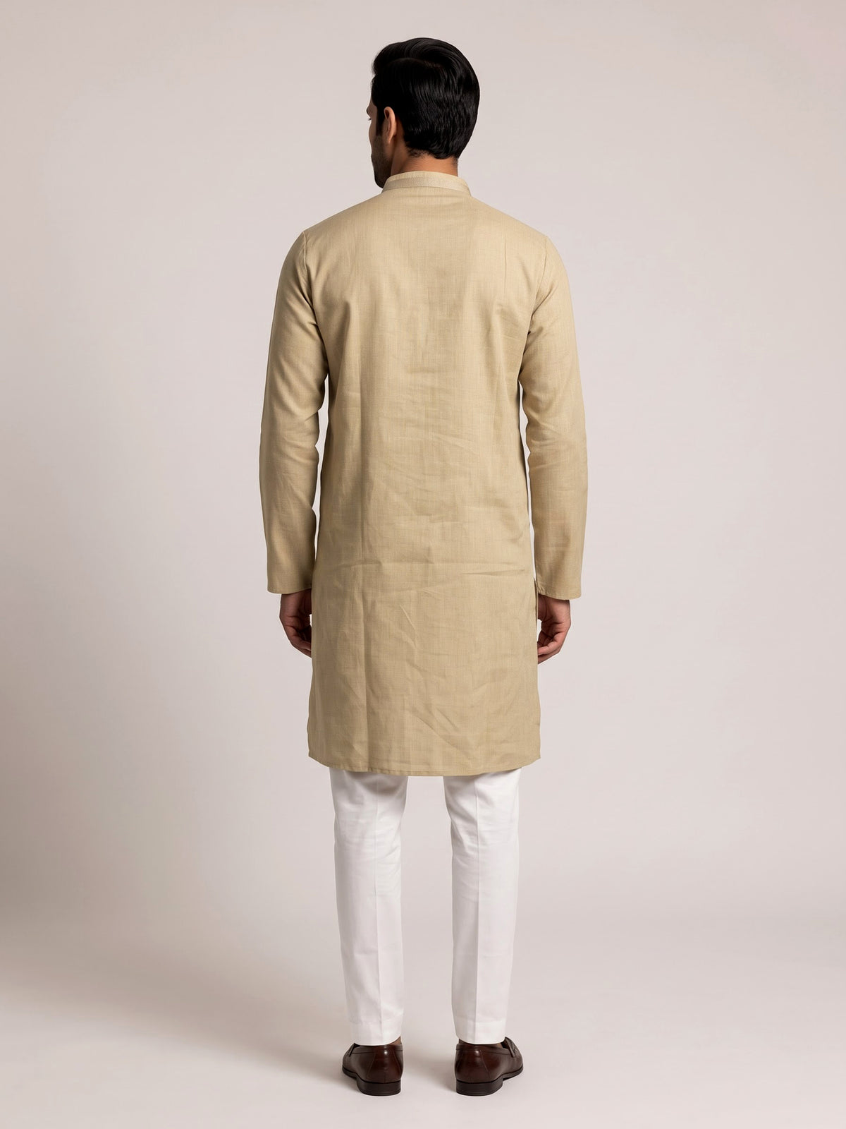 Beige tone-on-tone thread kurta suit with for men