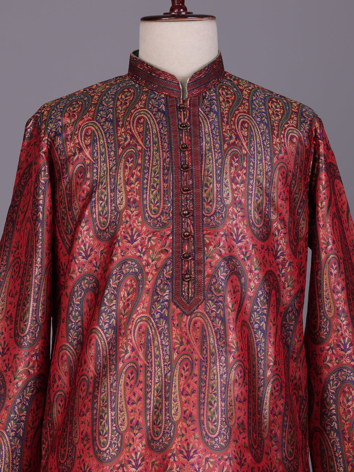 Red zari brocade printed kurta suit with pants for mens