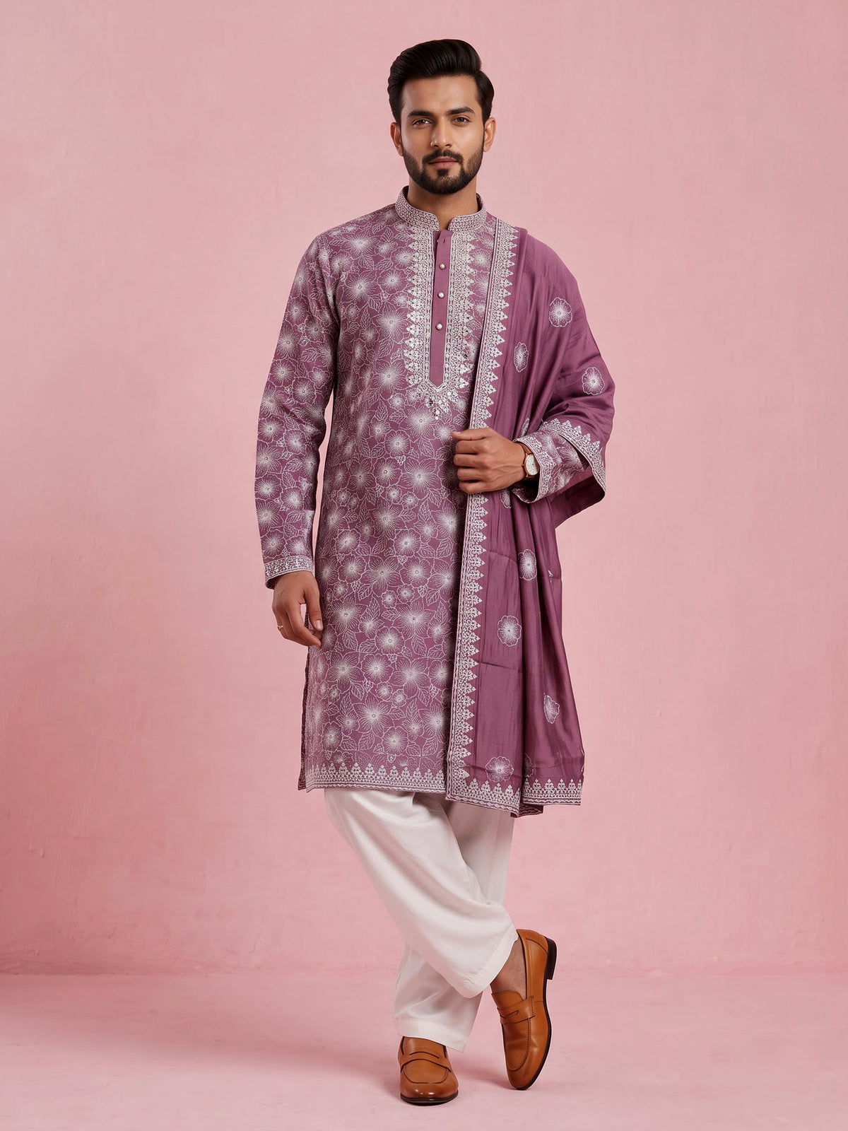 Light wine embroidered aabla kurta suit with dupatta for mens