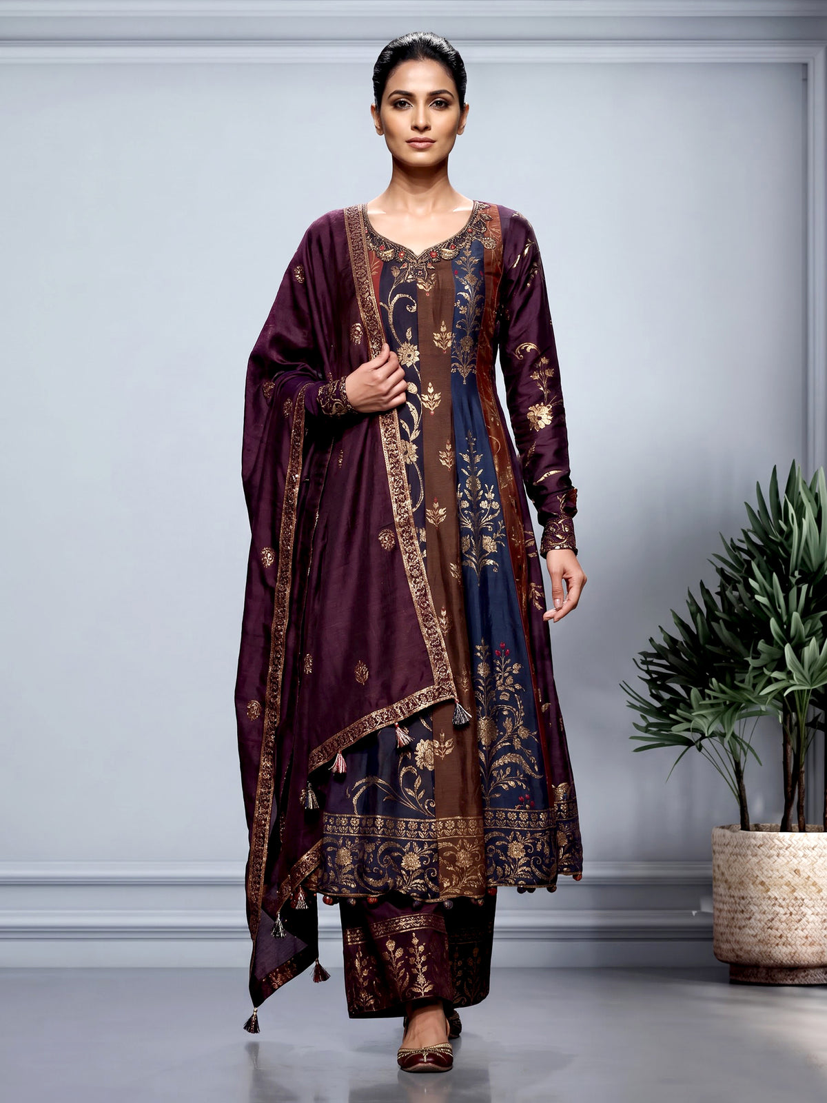 Multicolor silk anarkali palazzo suit with zardosi and stone embellishments