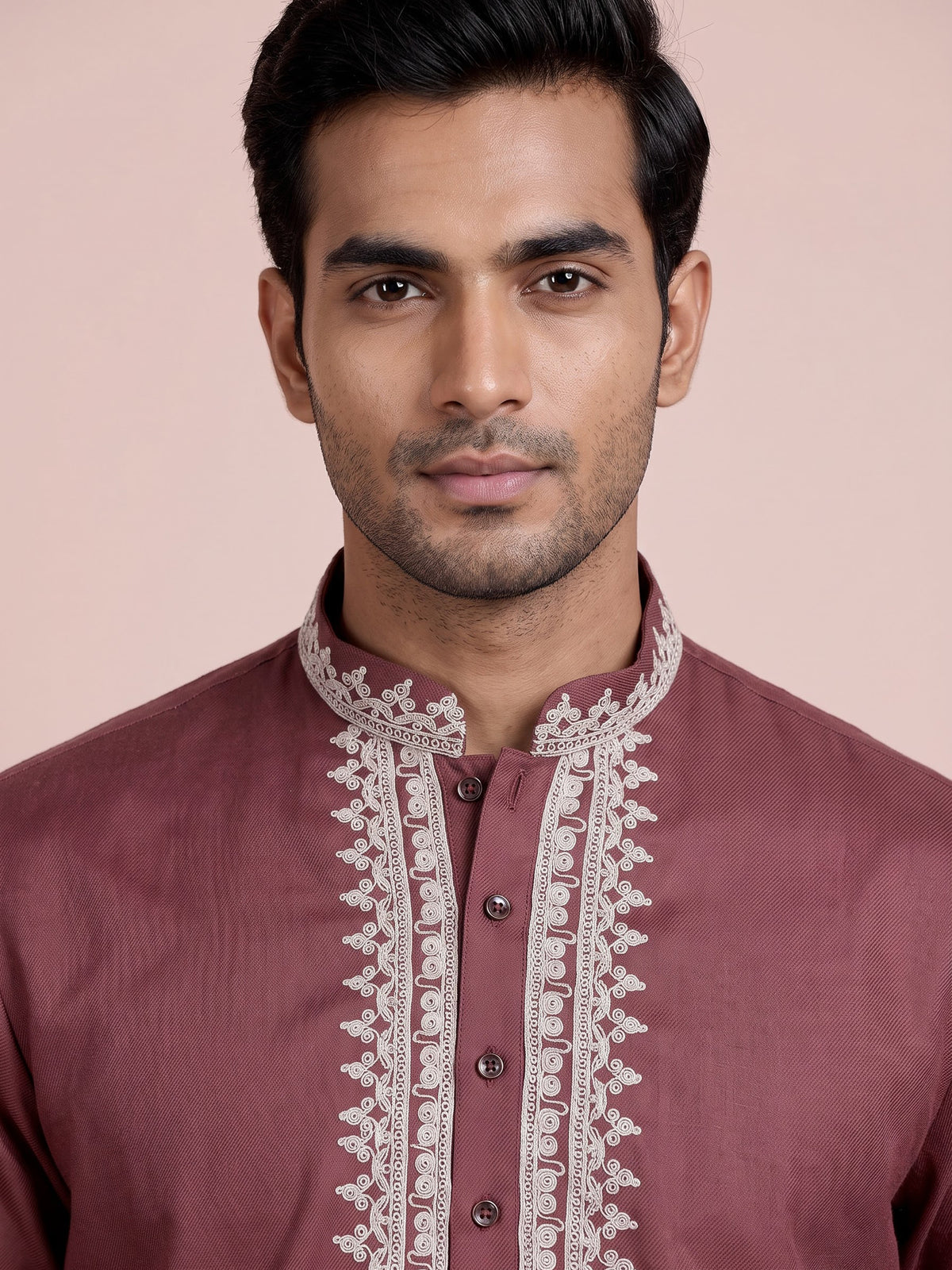 Onion pink thread work kurta suit with pants for mens