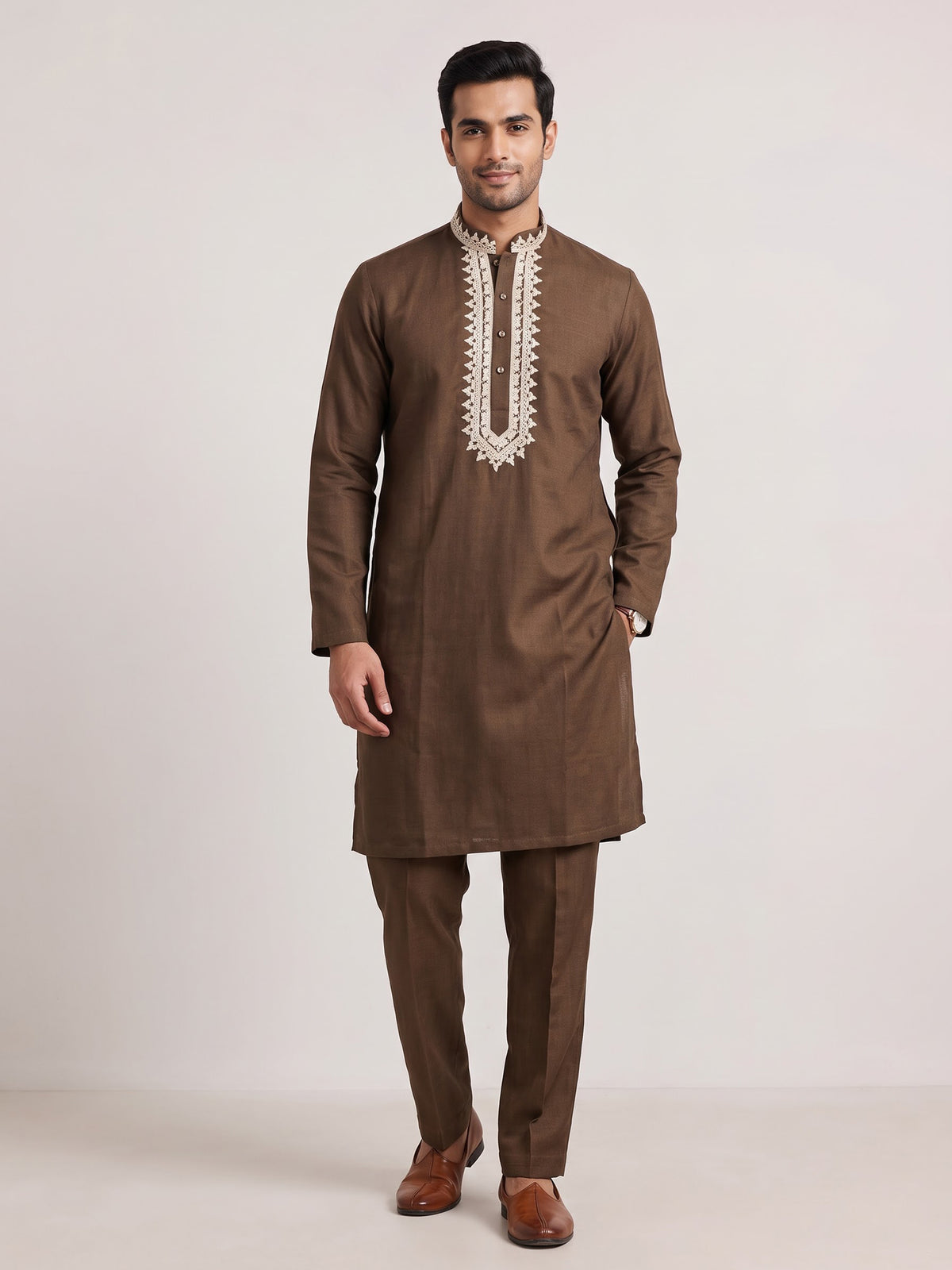 Brown thread detailed cotton silk kurta suit for mens