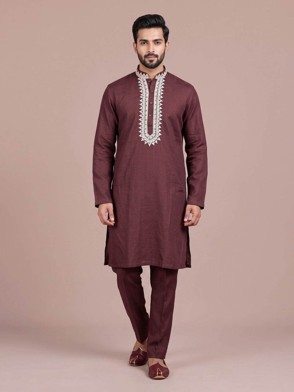 Wine thread detailed cotton silk kurta suit for mens
