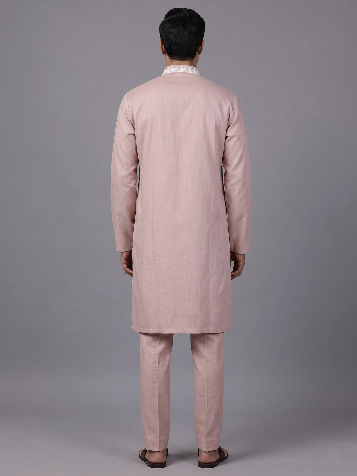 Peach thread embroidered kurta suit with pants for mens weddings