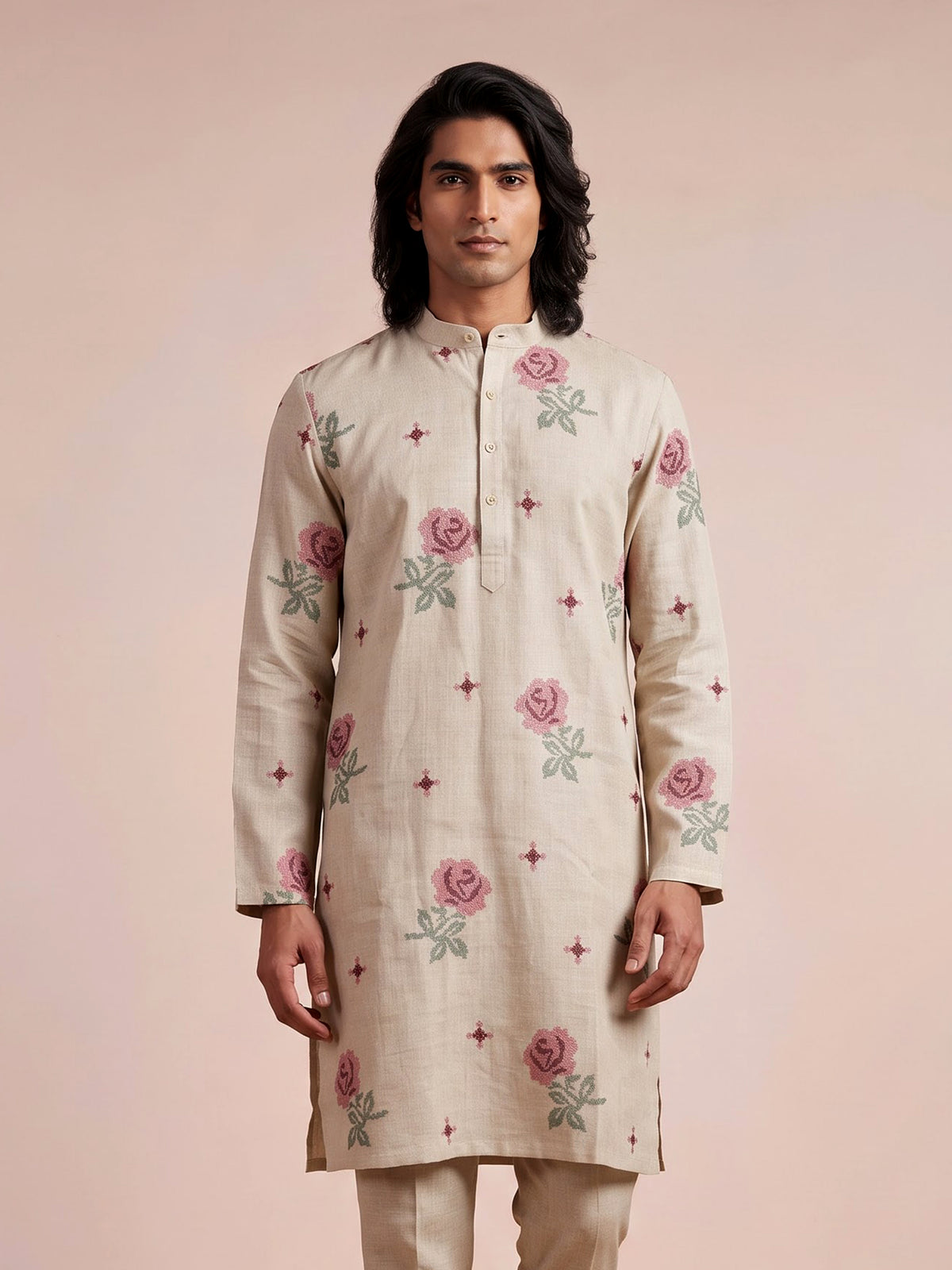 Beige linen chinese collar kurta with thread detailing for mens