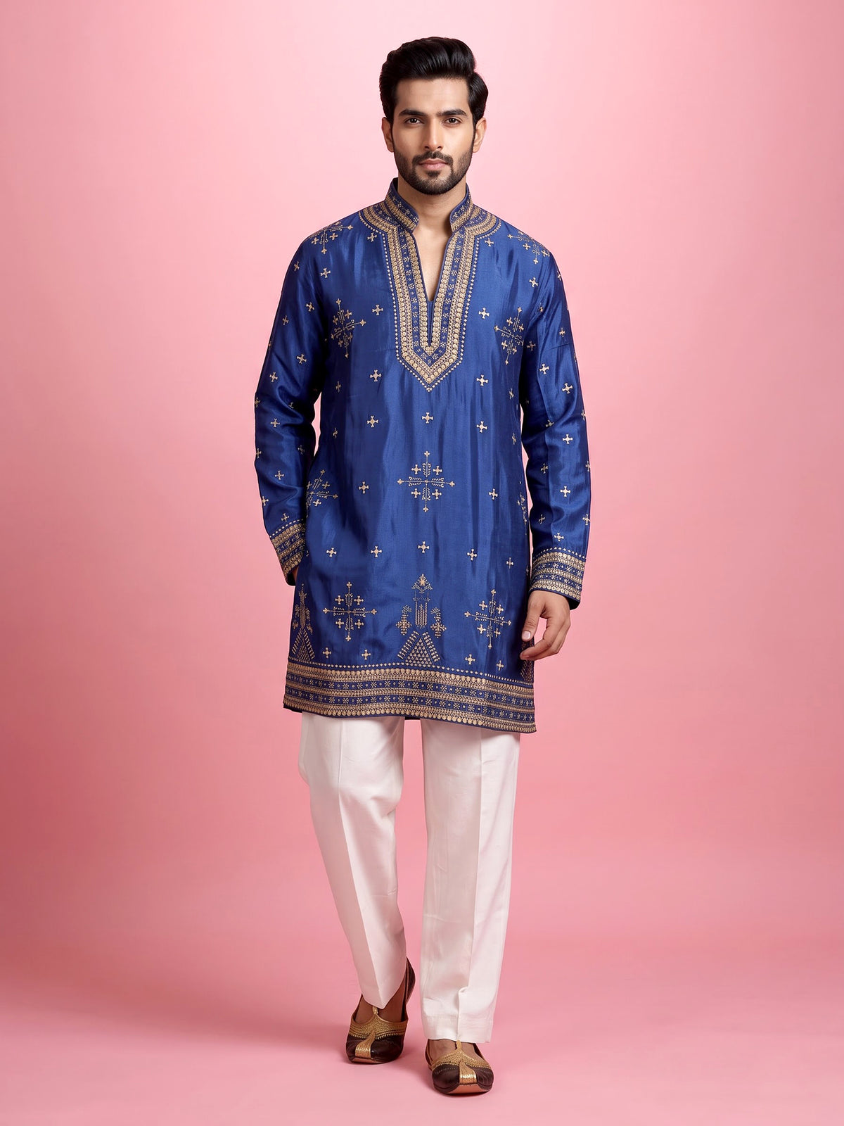 Royal blue silk embroidered kurta suit with mandarin collar