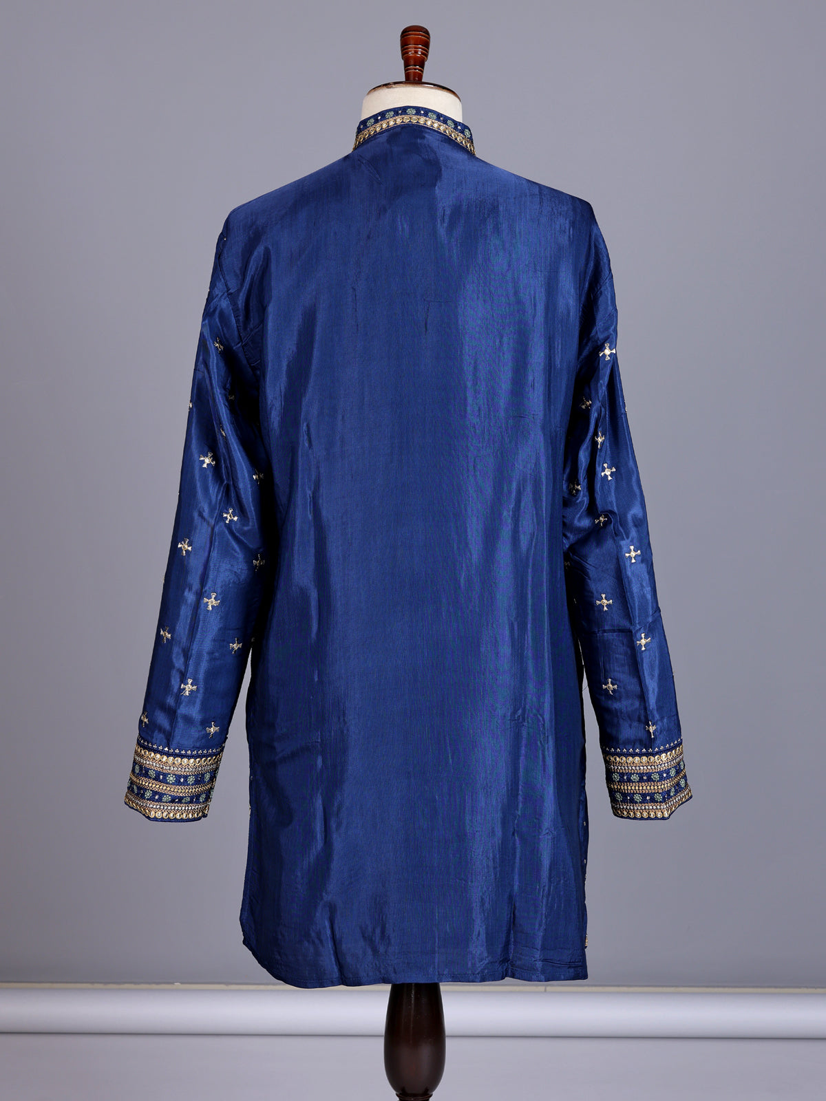 Royal blue silk embroidered kurta suit with mandarin collar