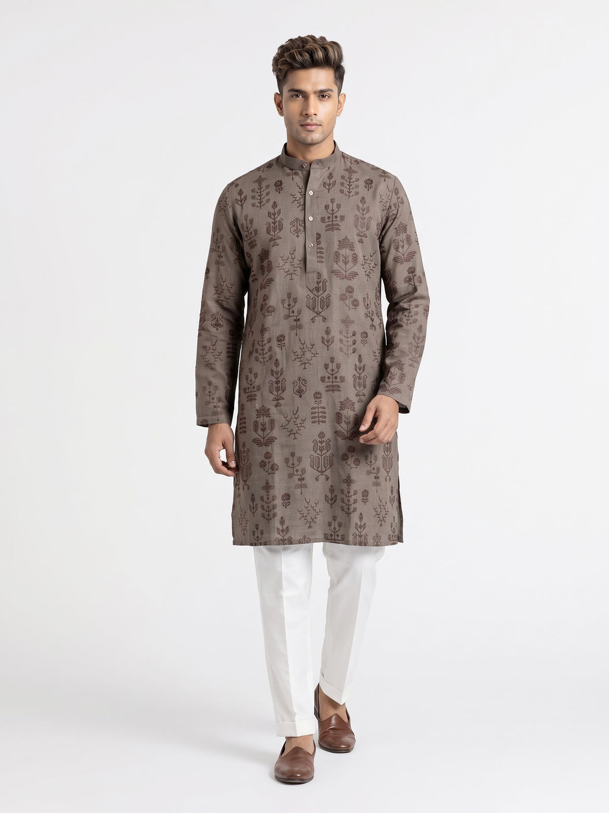 Dark grey cotton silk embroidered kurta suit for mens weddings
