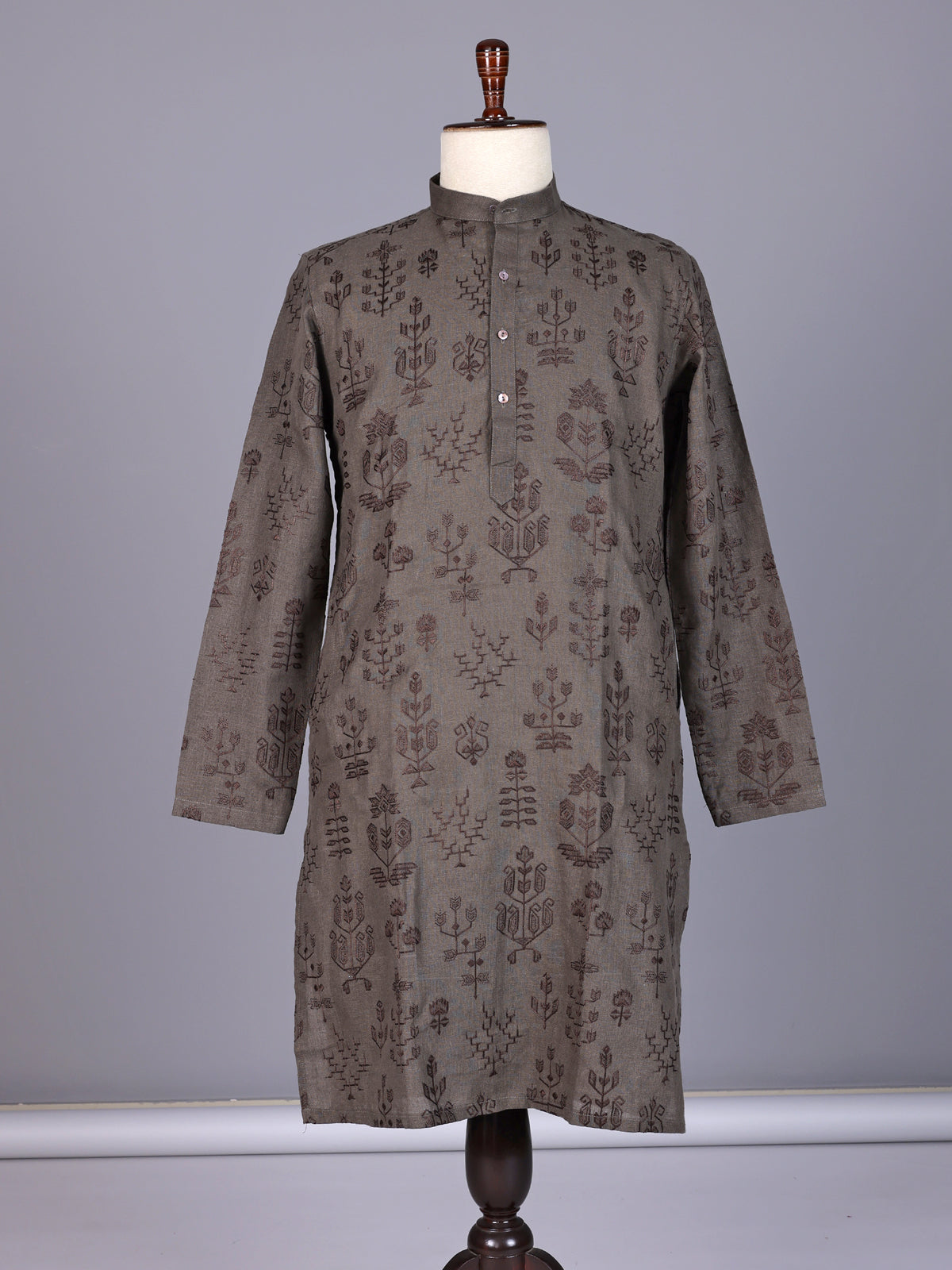 Dark grey cotton silk embroidered kurta suit for mens weddings