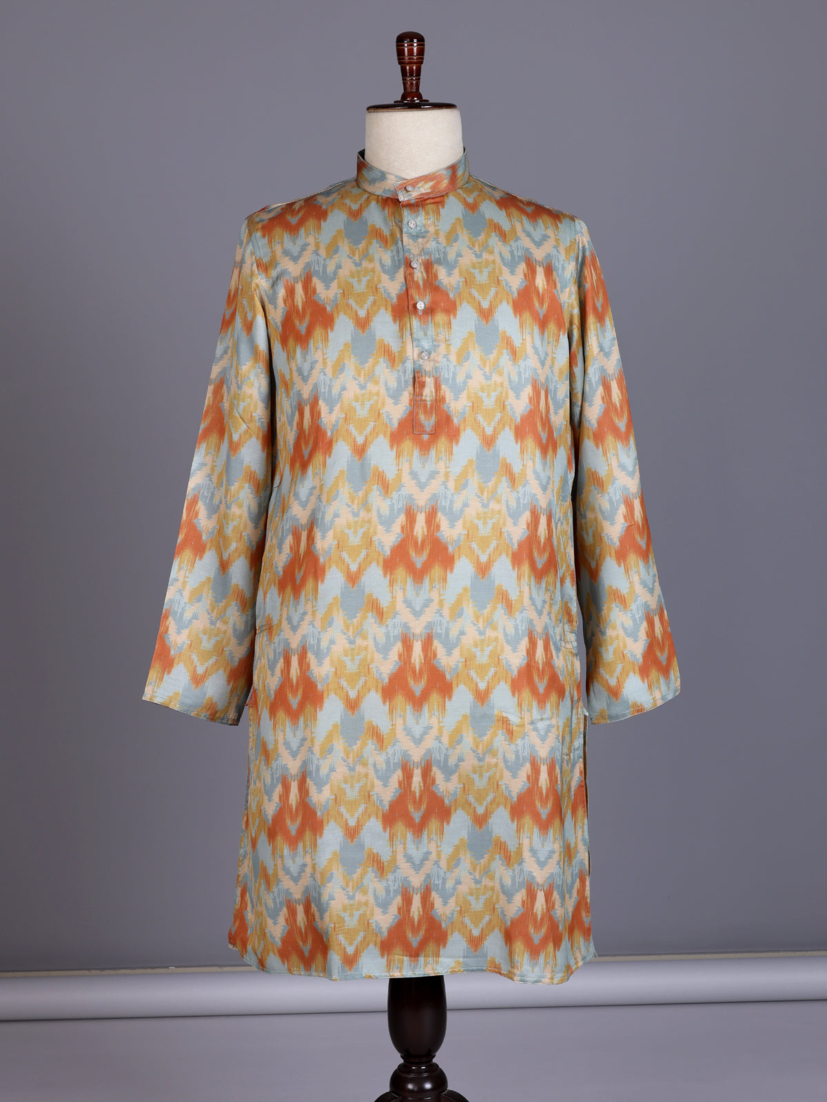 Mint blue printed silk kurta suit with mandarin collar