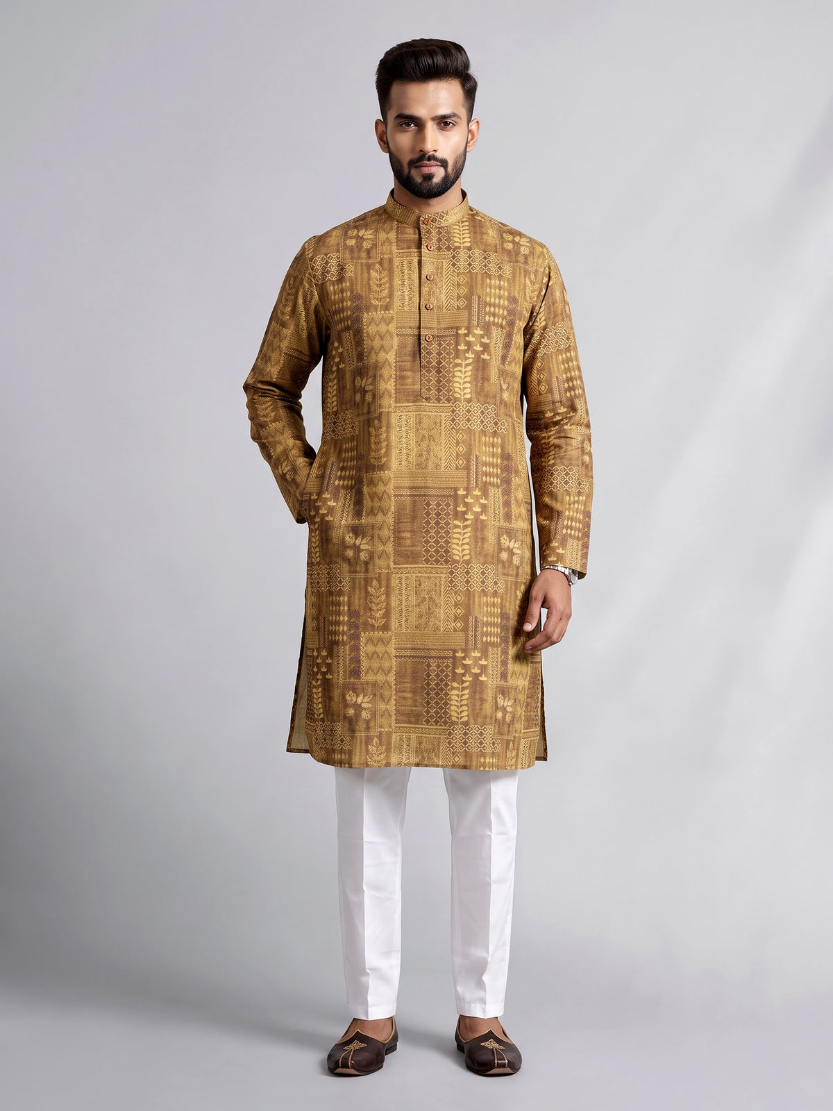 Dark beige printed silk kurta suit with mandarin collar