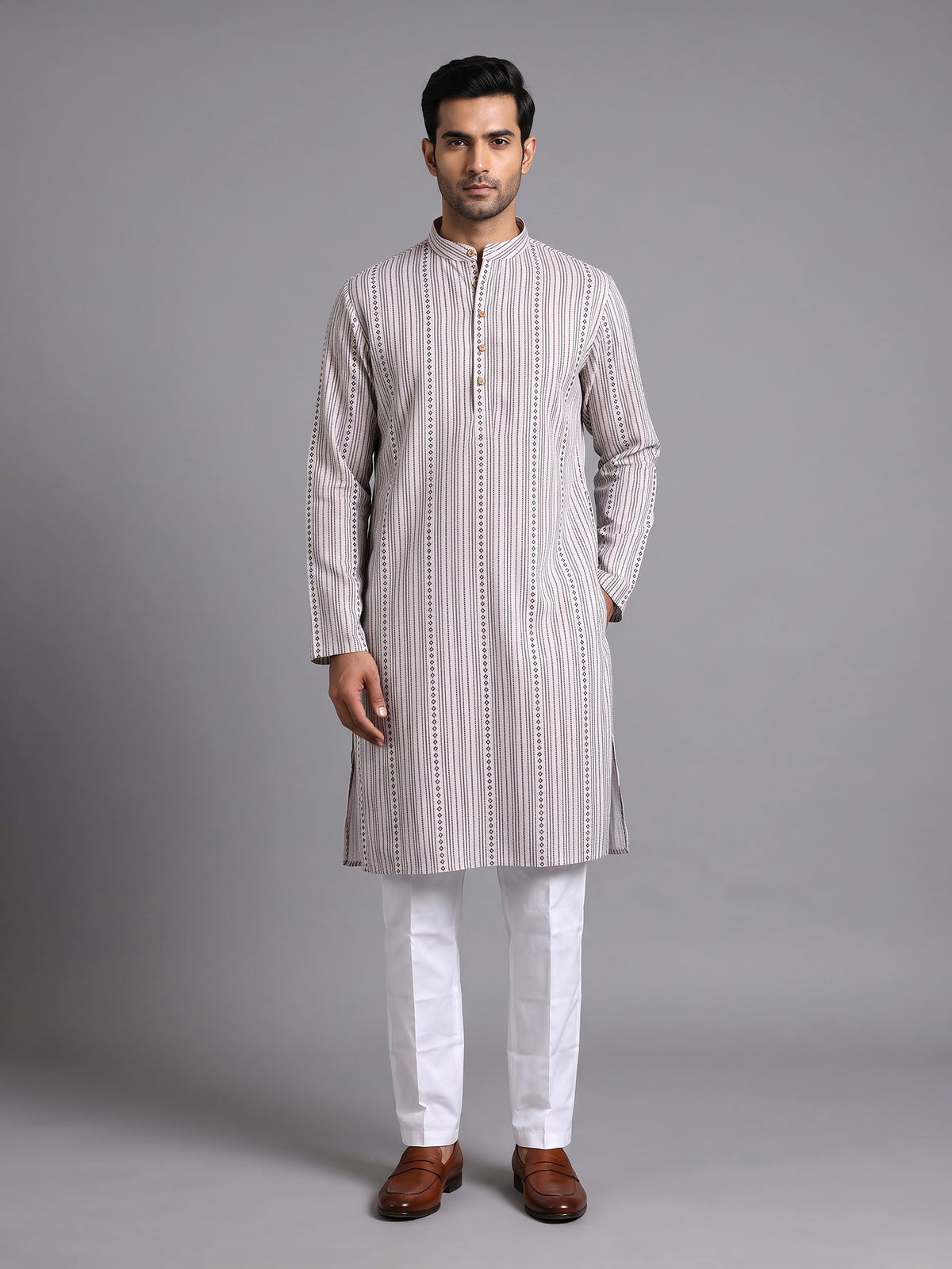 Beige striped cotton silk blend kurta suit with mandarin collar